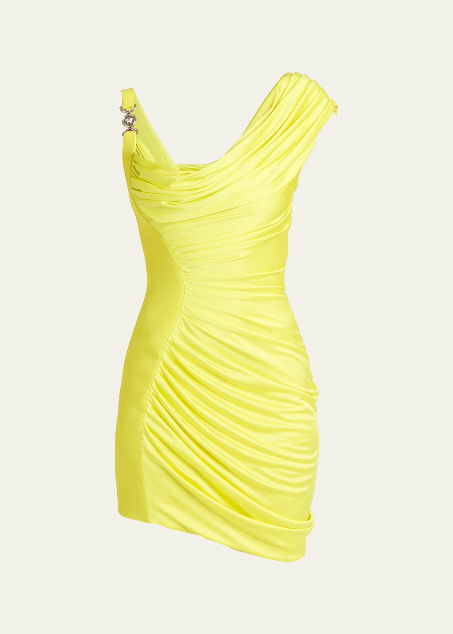 Versace Asymmetric Embellished Draped Jersey Mini Dress In Mimosa