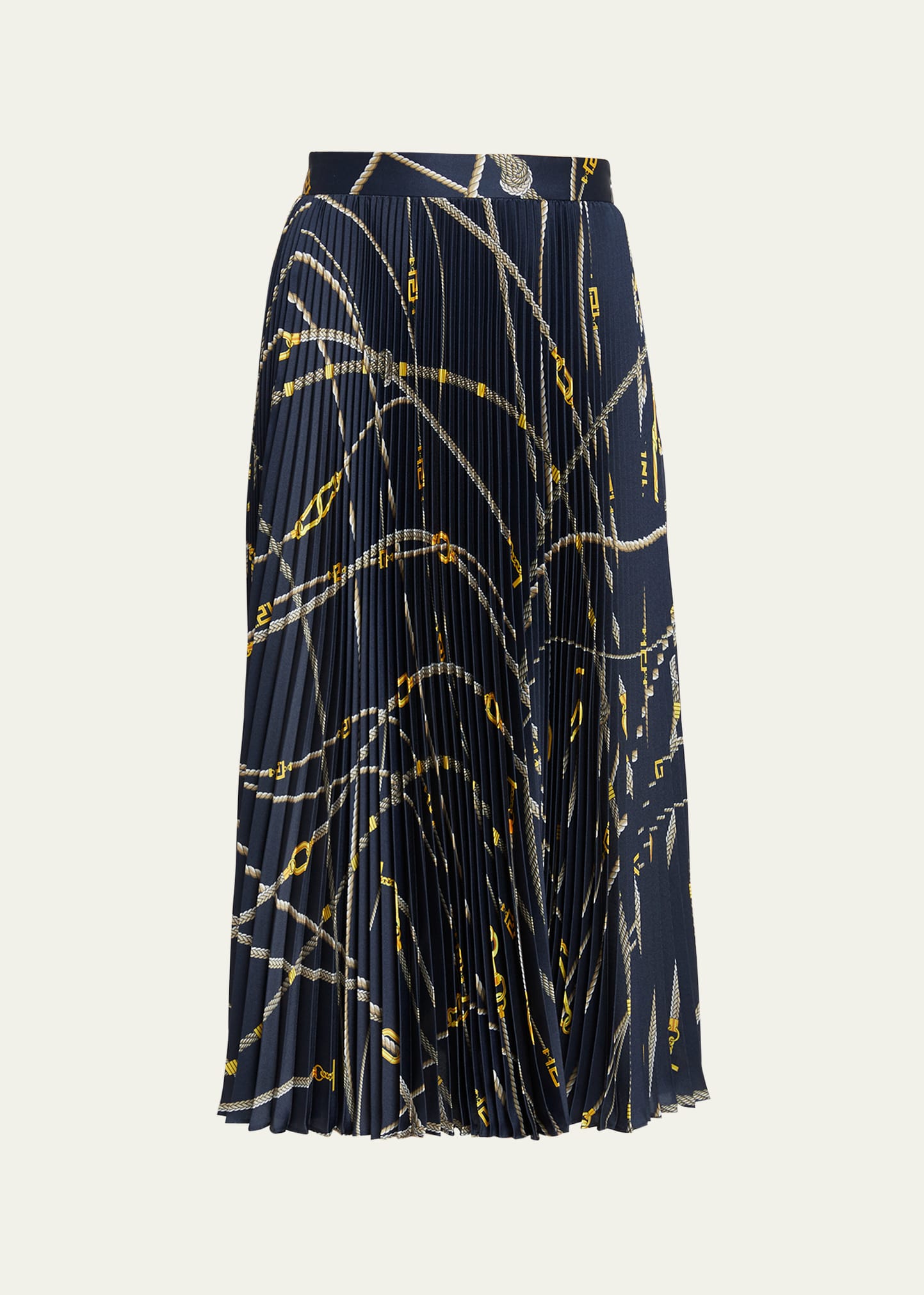 Shop Versace Rope-print Pleated Twill Midi Skirt In Bluegold