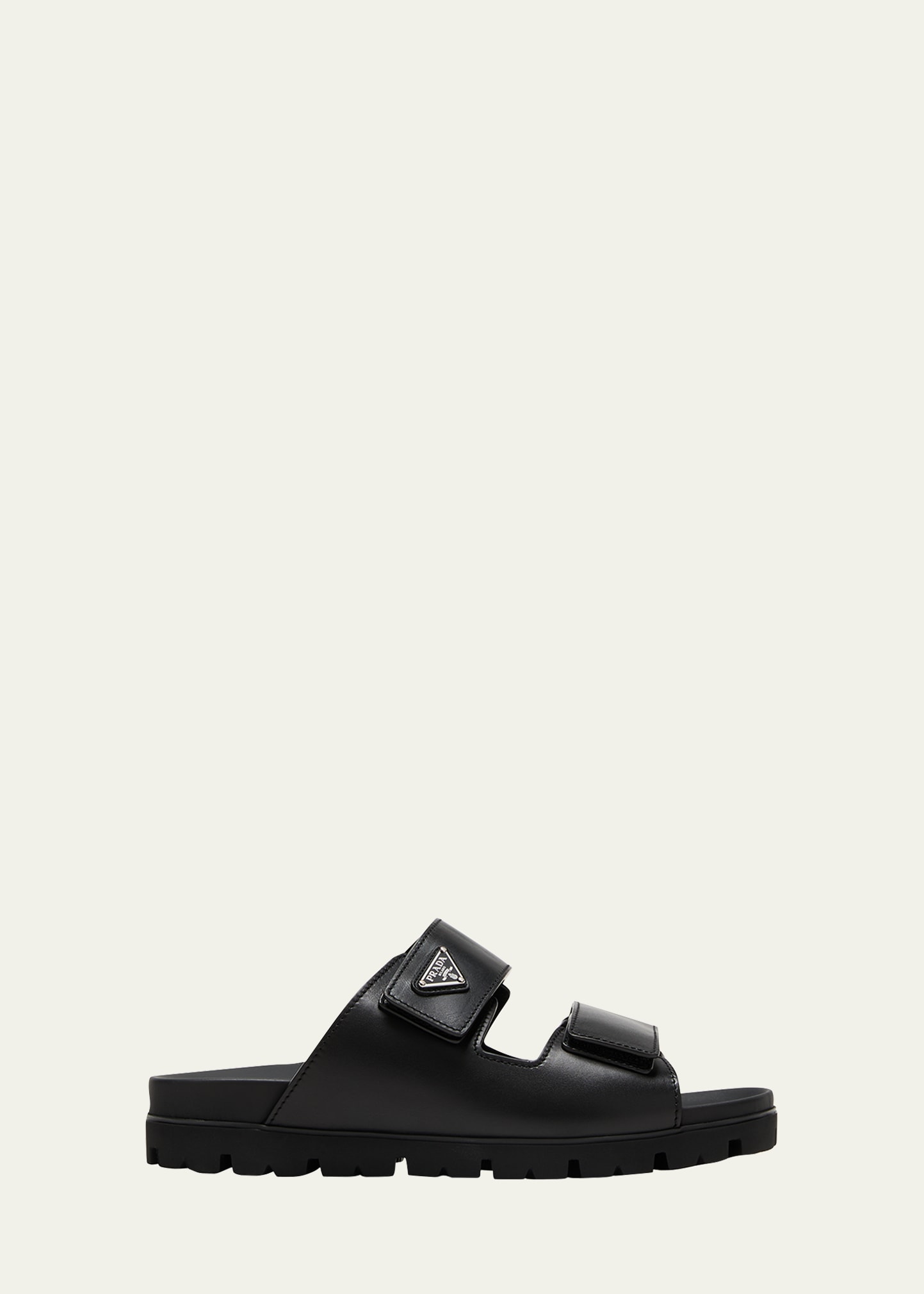 Prada Men Logo Plaque Leather Slides In Black