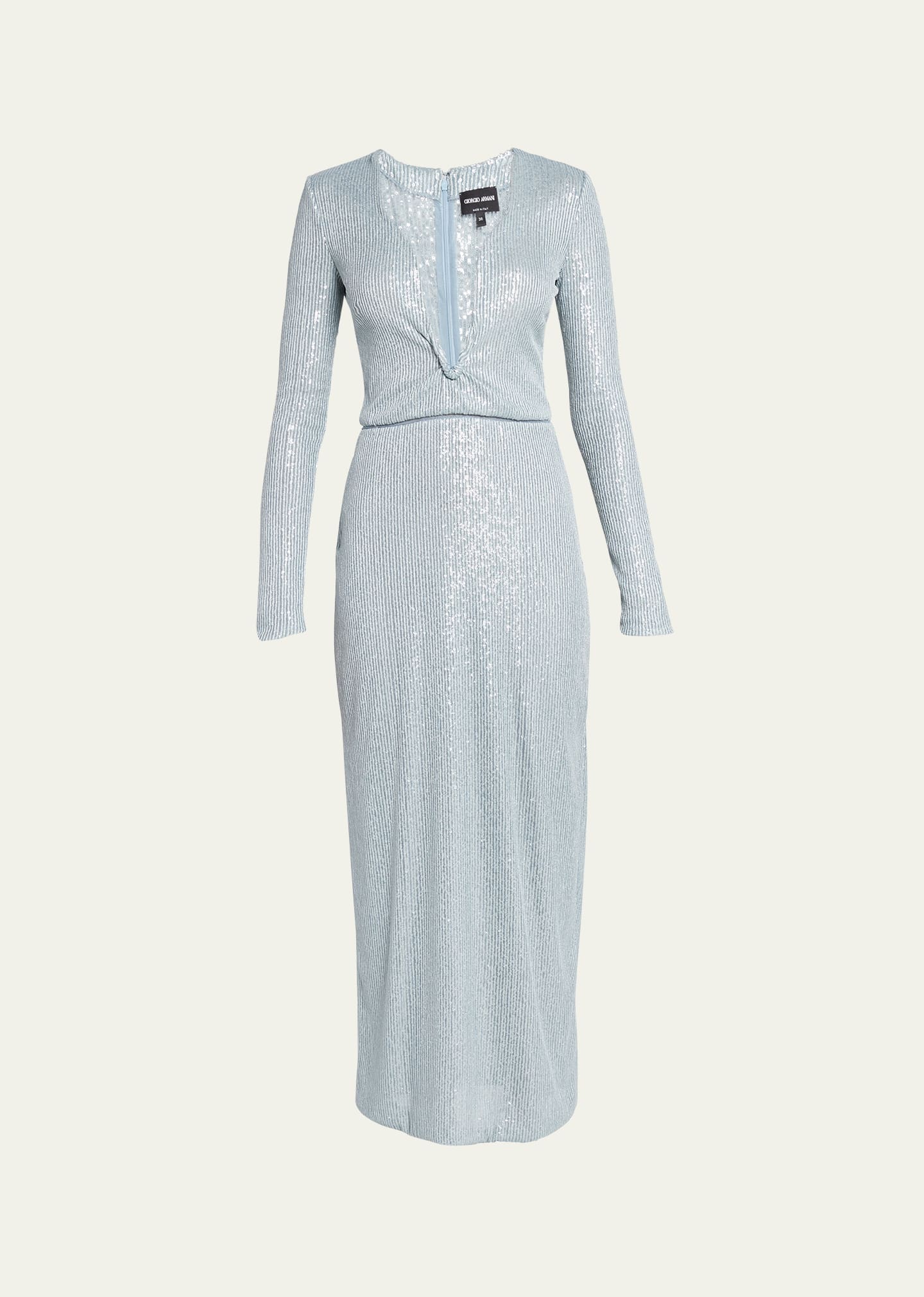 Giorgio Armani Plunging Sequined Knit Dress In Blue
