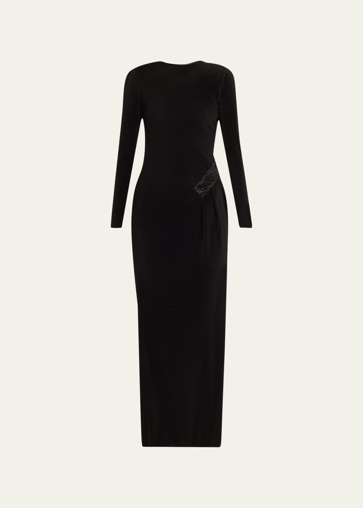 Shop Giorgio Armani Plisse Jersey Gown With Beaded Hip Detail In Solid Black