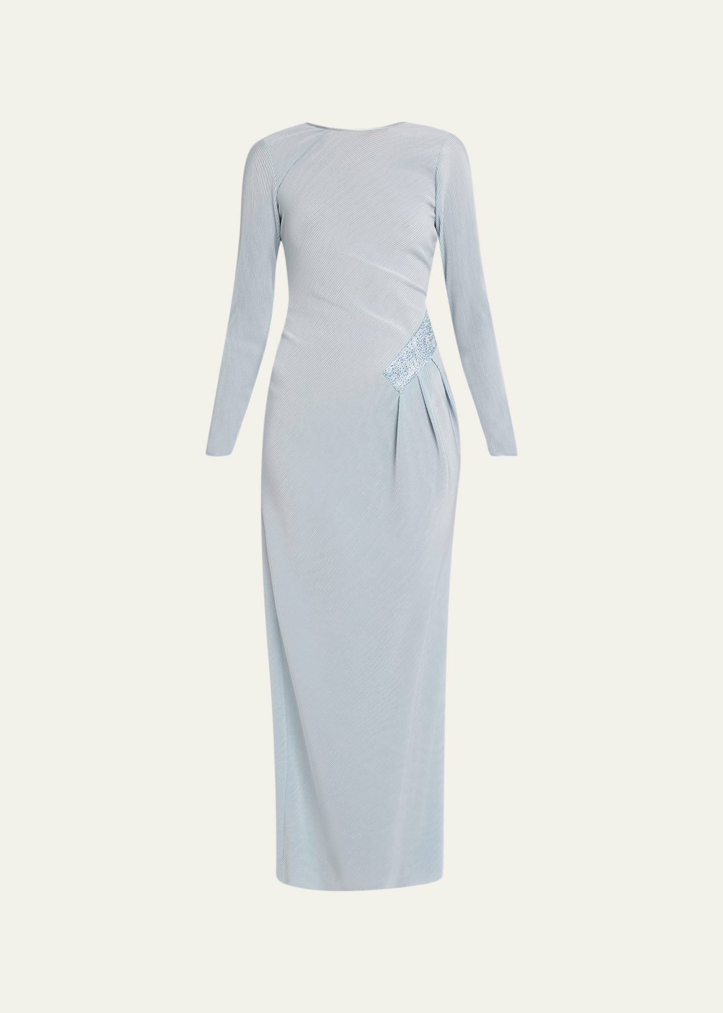 Shop Giorgio Armani Plisse Jersey Gown With Beaded Hip Detail In Solid Medium Blue