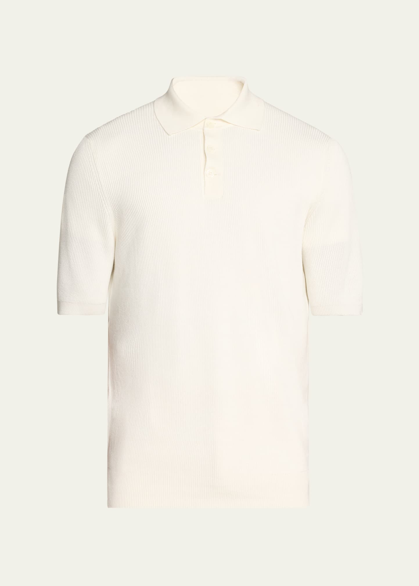 Brunello Cucinelli Men's Cotton Ribbed Polo Sweater In White