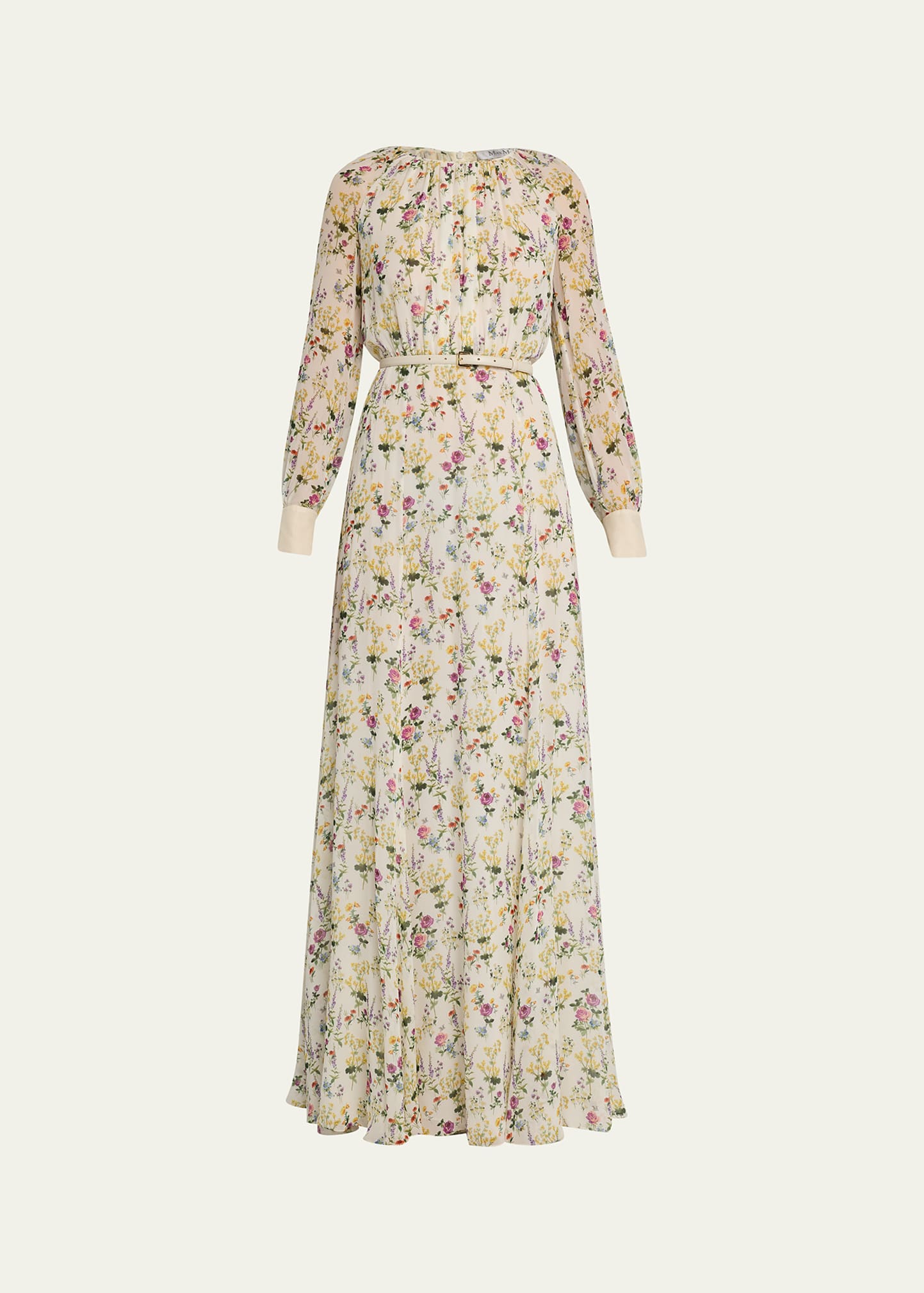 Max Mara Ori Floral-print Organza Dress With Leather Belt In Ivory