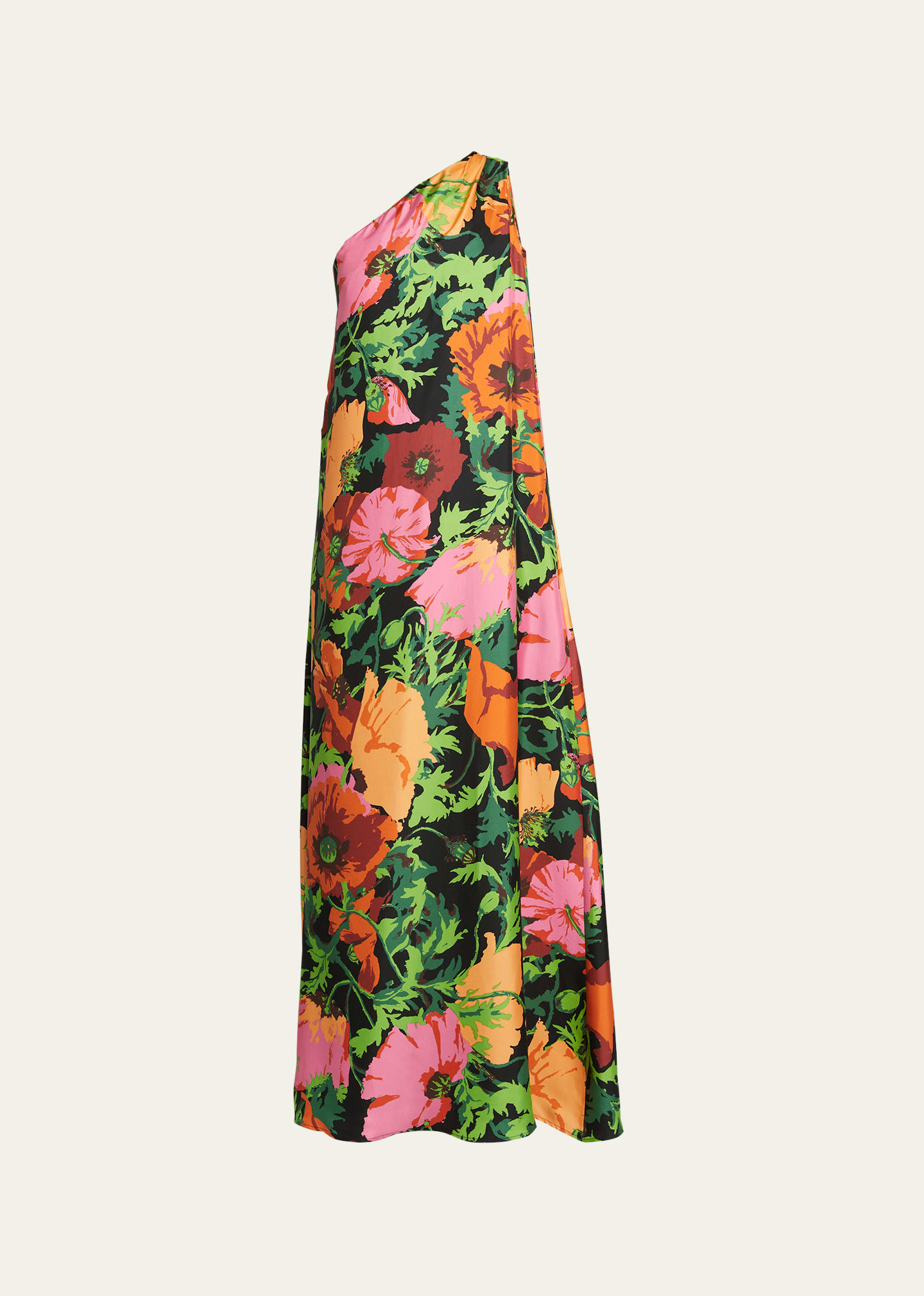 Shop La Doublej Roy Floral One-shoulder Maxi Silk Twill Dress In Black