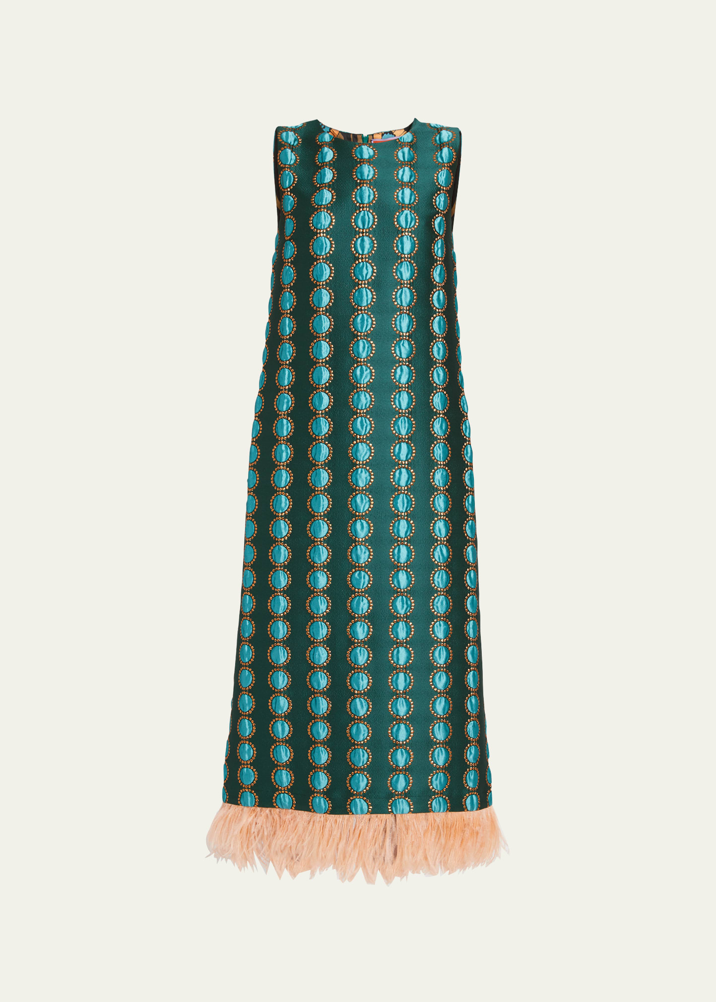 La Doublej Jacquard Column Dress With Feather Trim In Bright Green