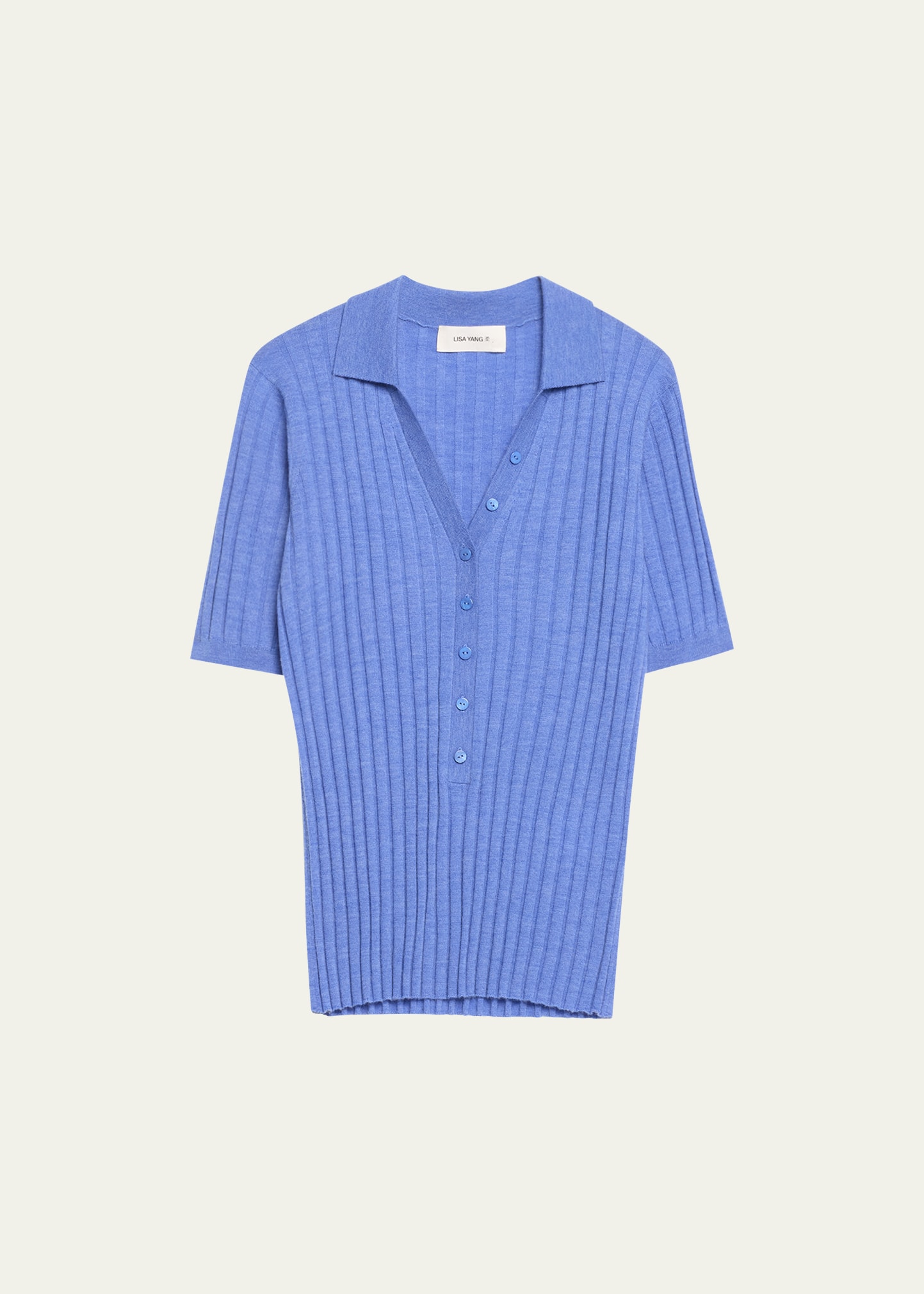 Cashmere V-Neck Short-Sleeve Rib-Knit Top