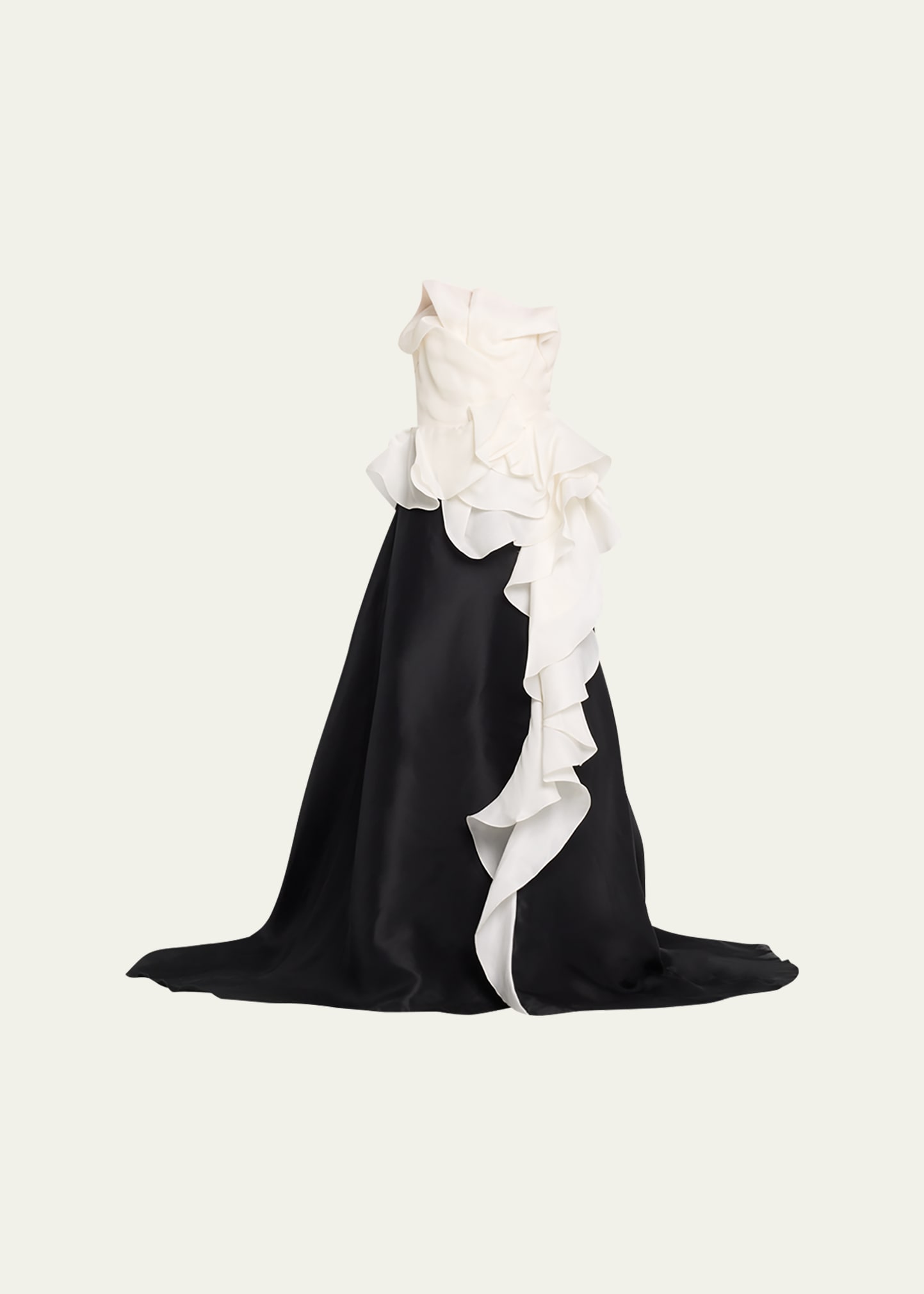 Shop Marchesa Colorblock Cascading Ruffle Strapless Silk Gown In Ivory Black