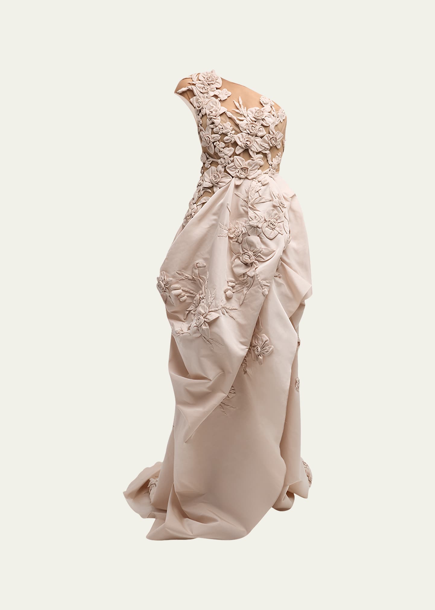 Marchesa One-shoulder Illusion Gown With Exposed Hip Drape In Blush