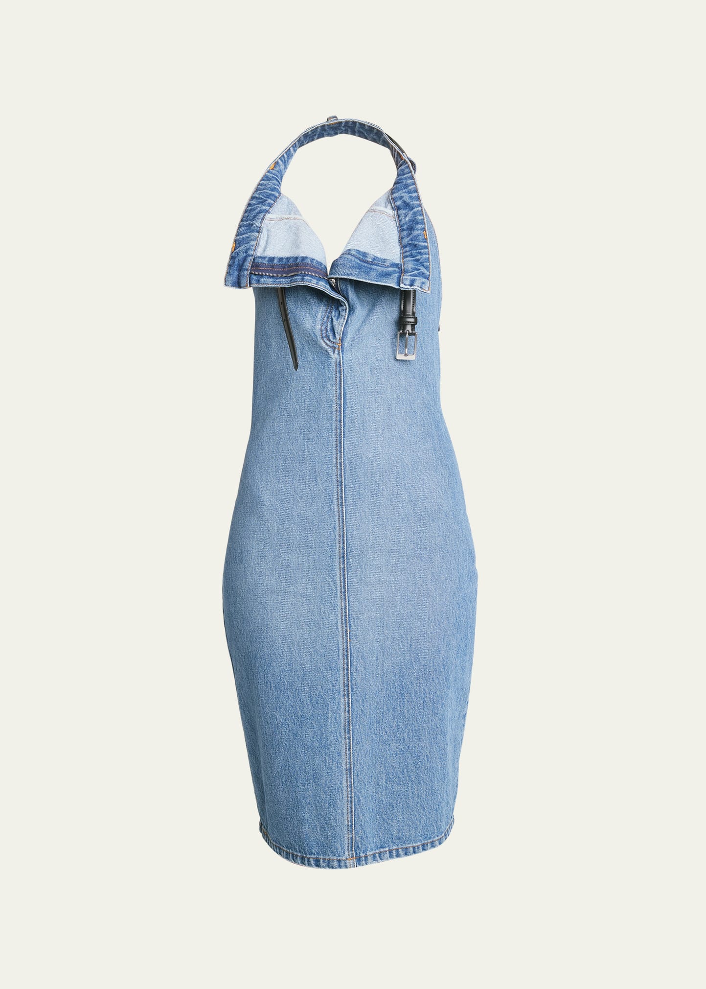 Shop Coperni Denim Leather Belt Halter Dress In Washed Blue