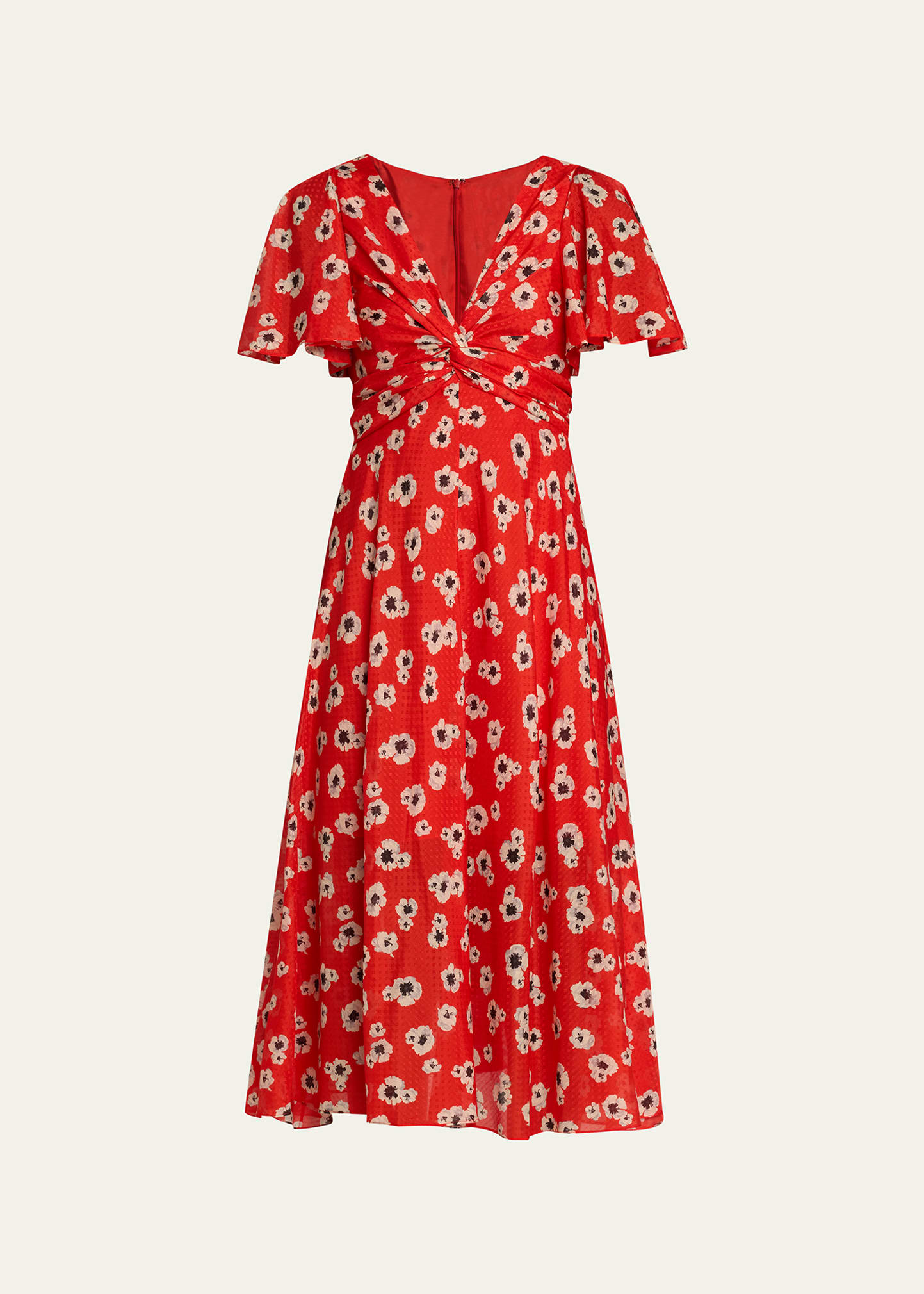 Prabal Gurung Floral-print Twisted Flutter-sleeve Midi Dress In Poppy Multi