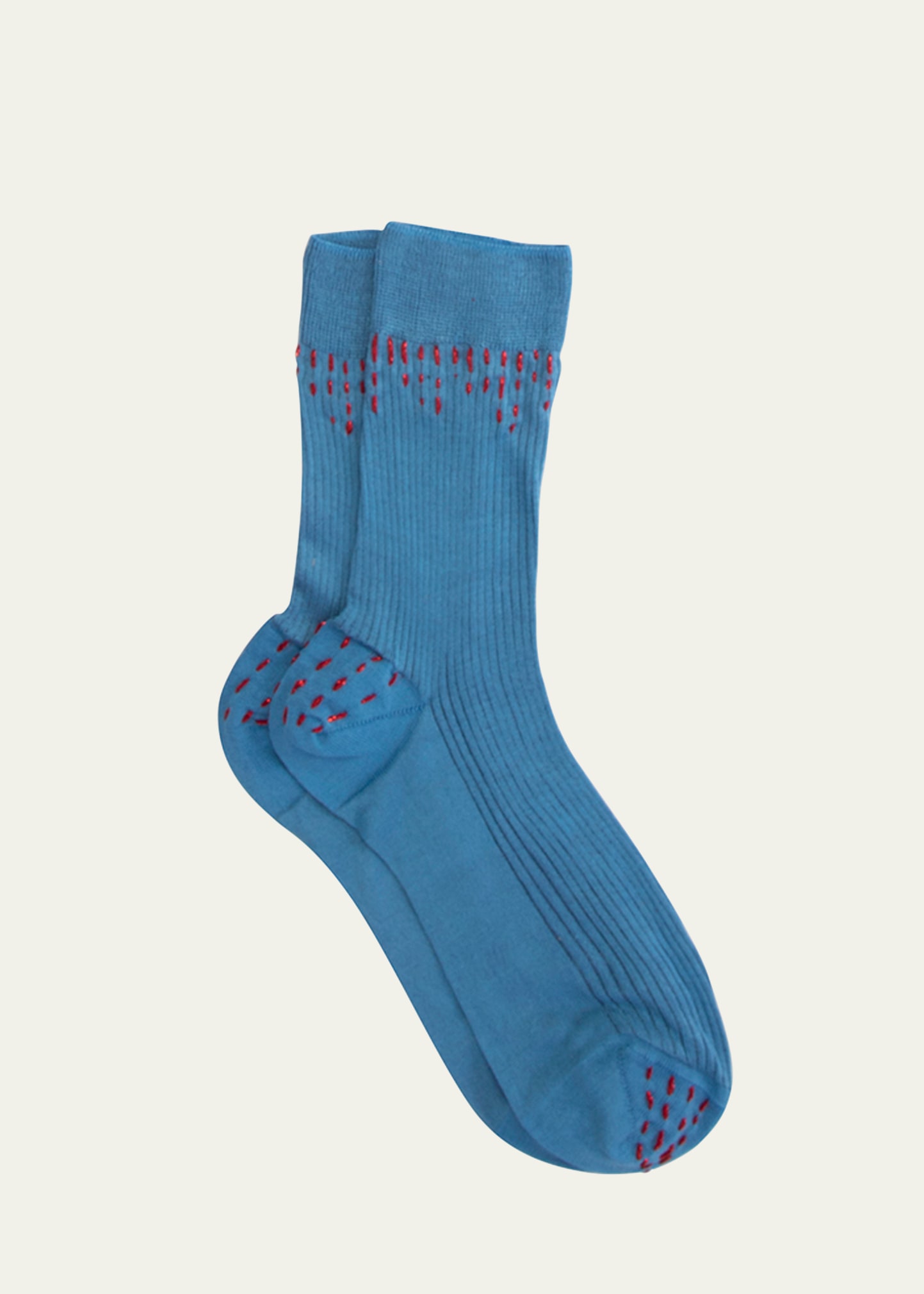 Maria La Rosa Ribbed Embroidered Silk Crew Socks In Blu Reale