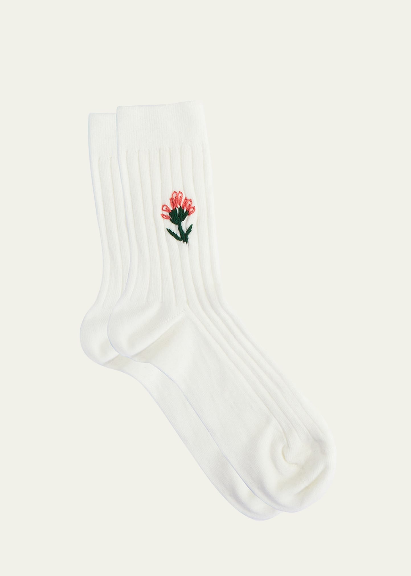 Ribbed Floral-Embroidered Cotton Crew Socks