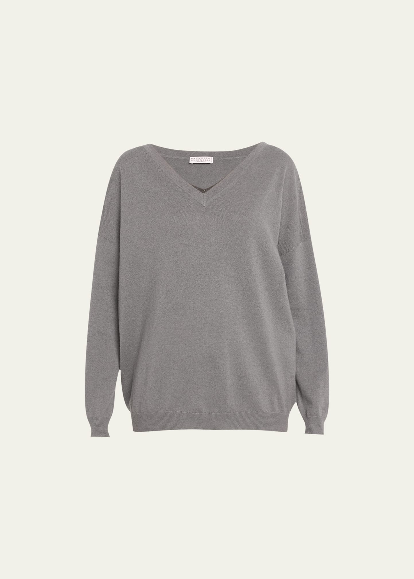Brunello Cucinelli Monili-insert V-neck Long-sleeve 2-ply Cashmere Sweater In C9590 Slate