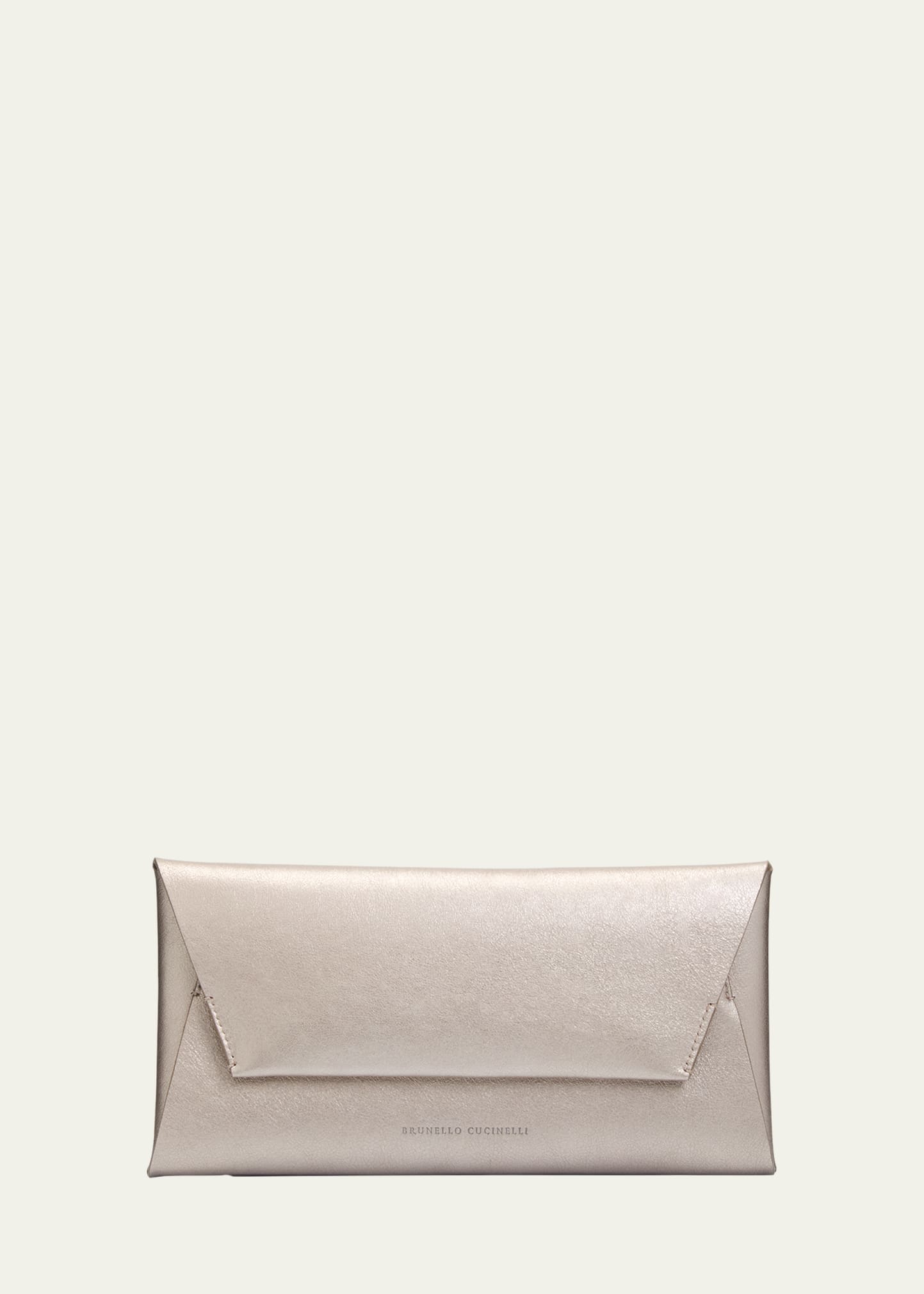 Shop Brunello Cucinelli Envelope Metallic Leather Shoulder Bag In Pearl Grey
