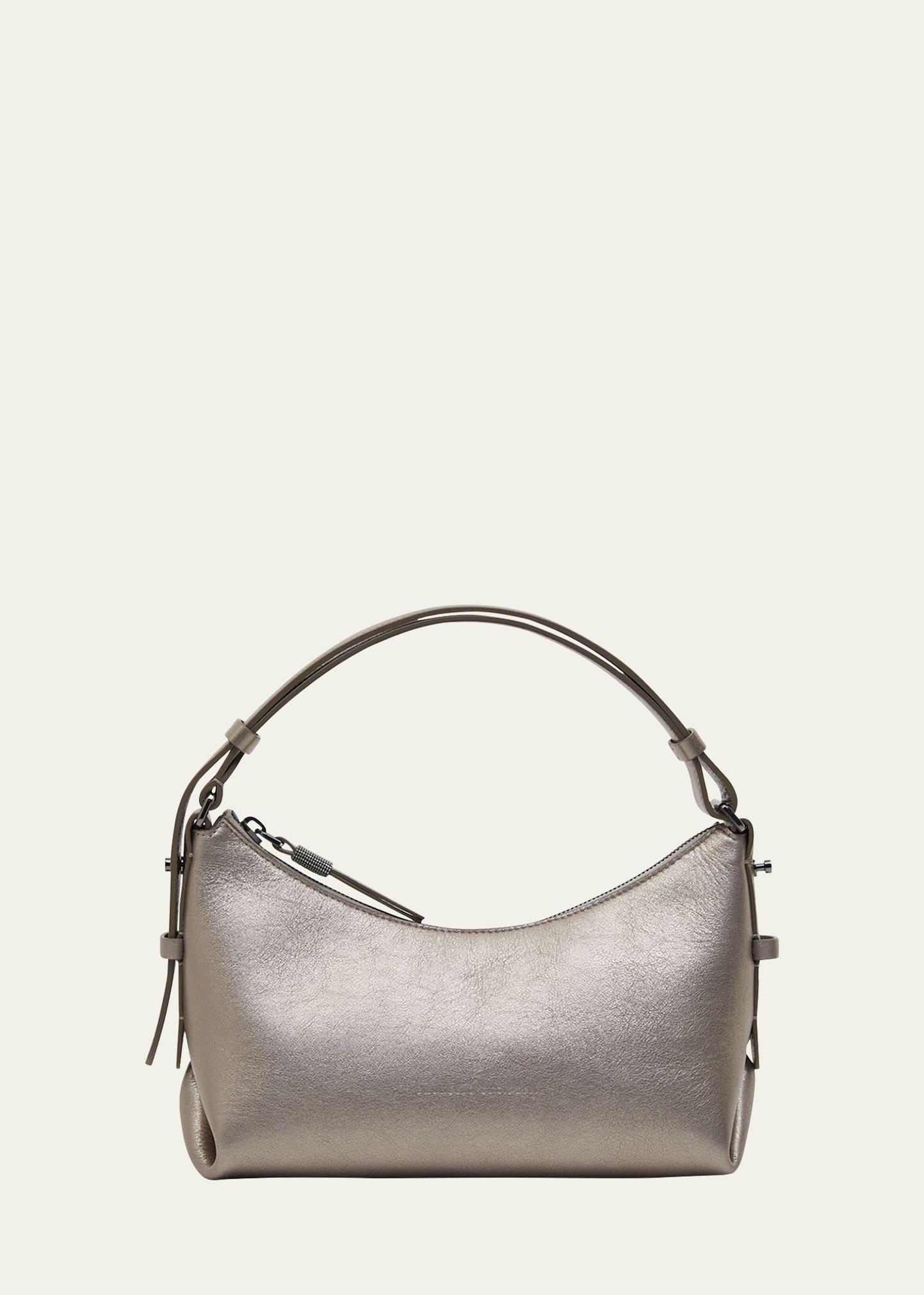 Brunello Cucinelli Zip Metallic Leather Shoulder Bag In Neutral