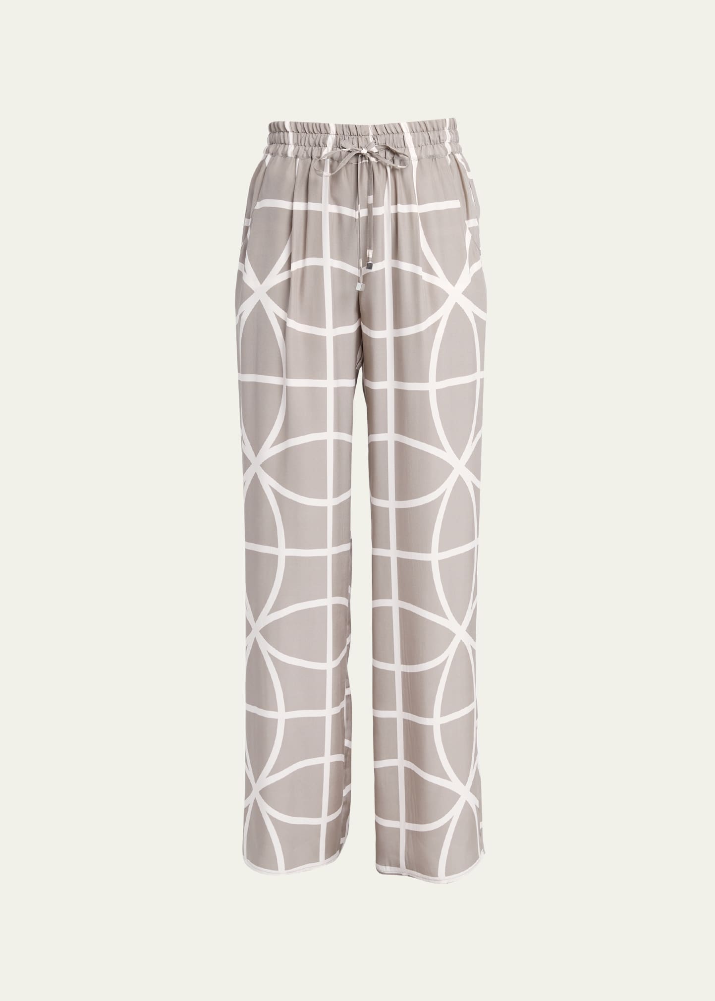 Shop Kiton Printed Wide-leg Drawstring Silk Trousers In Beige