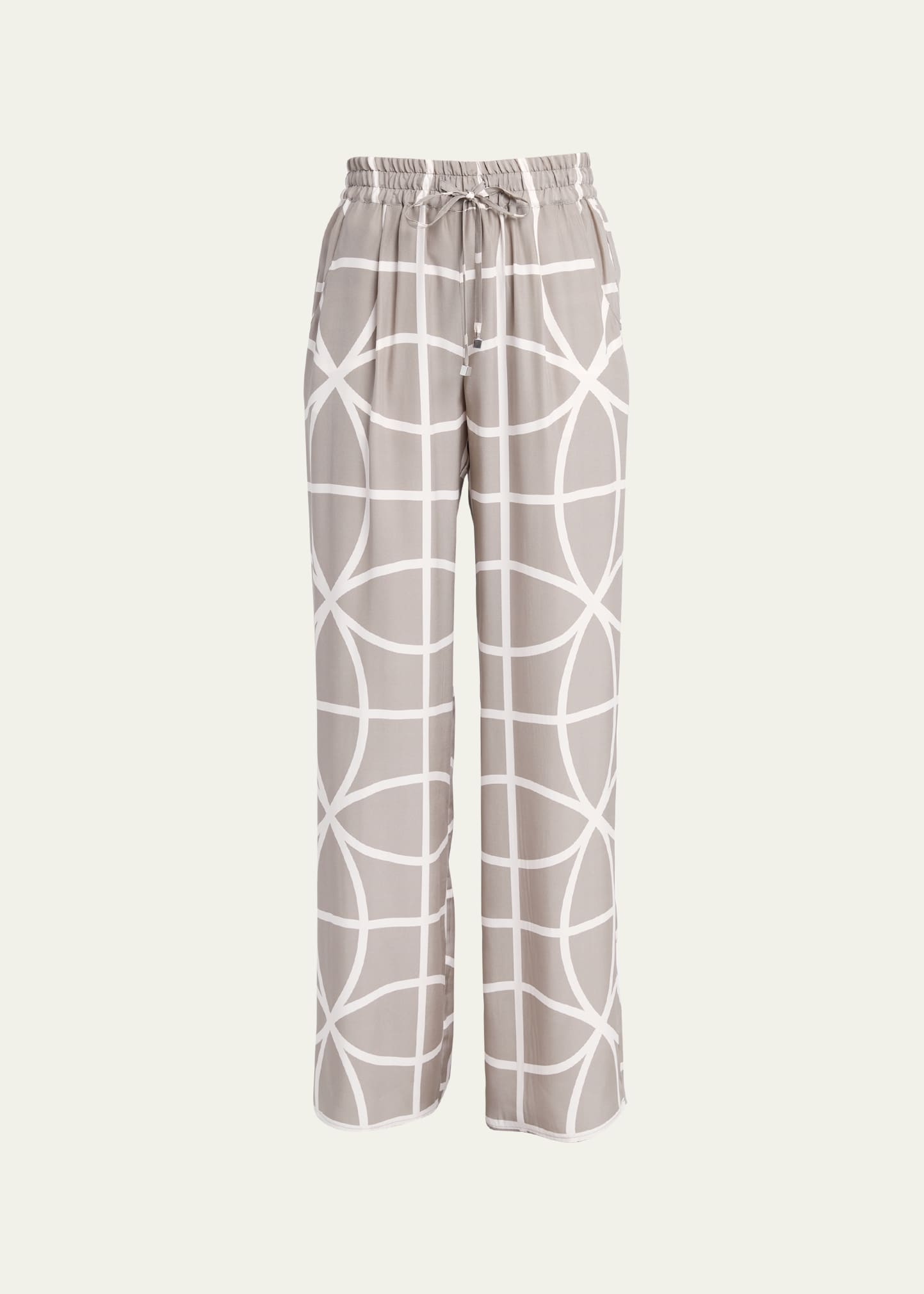 Printed Wide-Leg Drawstring Silk Trousers