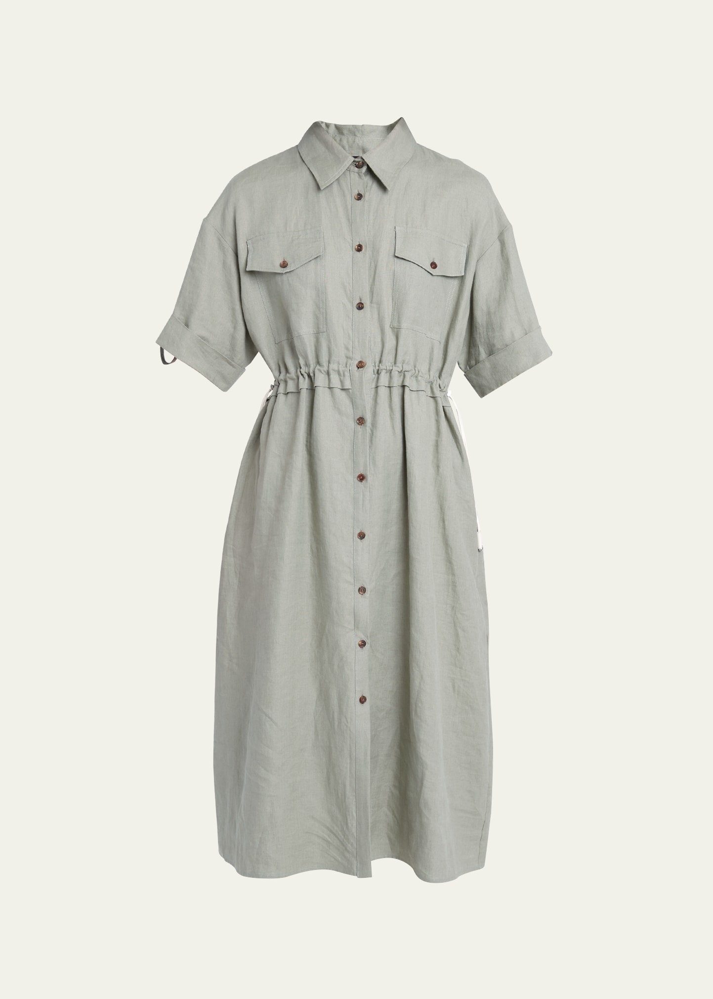 Kiton Drawstring Linen Button Down Midi Dress In Moss