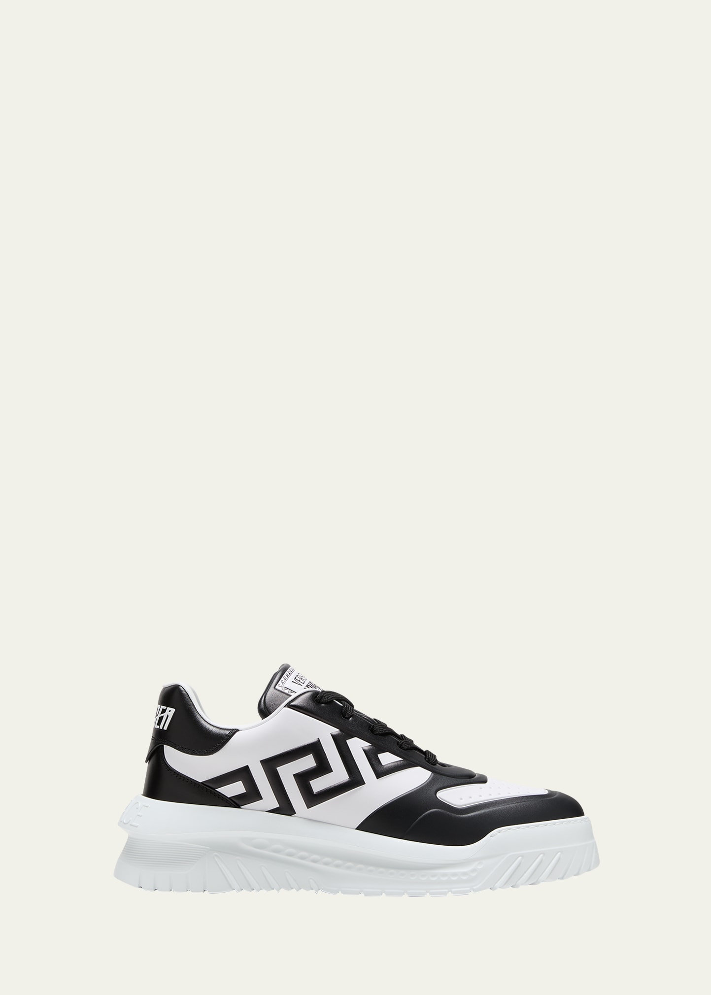 Shop Versace Men's Odissea Greca Leather Low-top Sneakers In Black+white