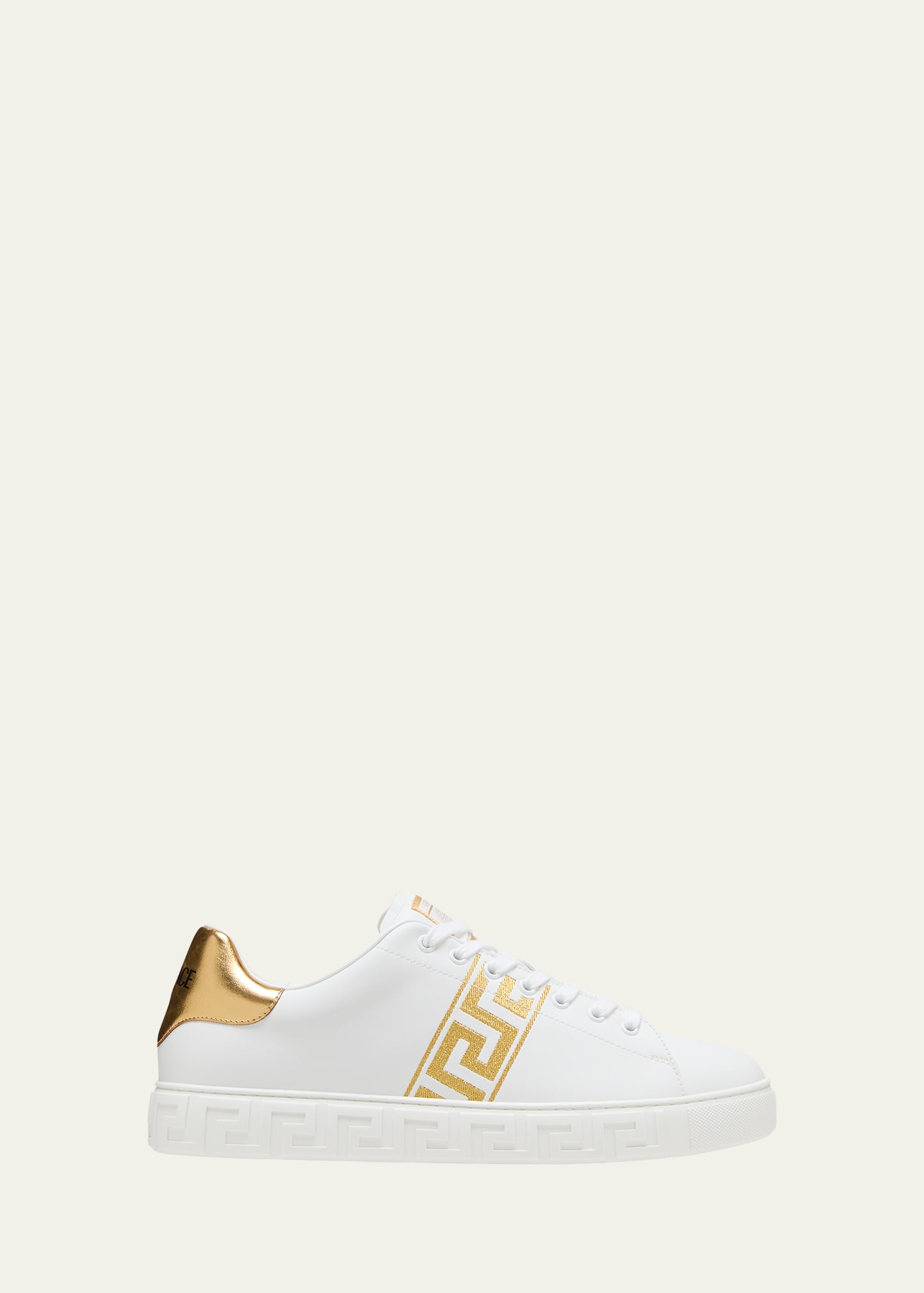 Shop Versace Men's La Greca Leather Low-top Sneakers In White+gold