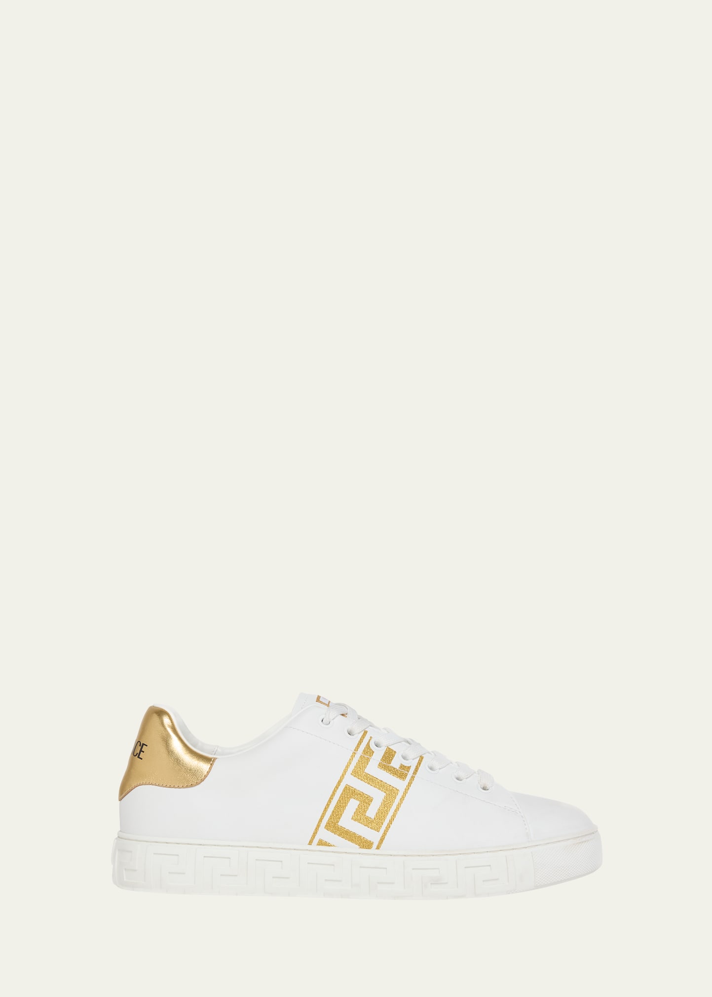 Shop Versace Men's La Greca Leather Low-top Sneakers In White+gold