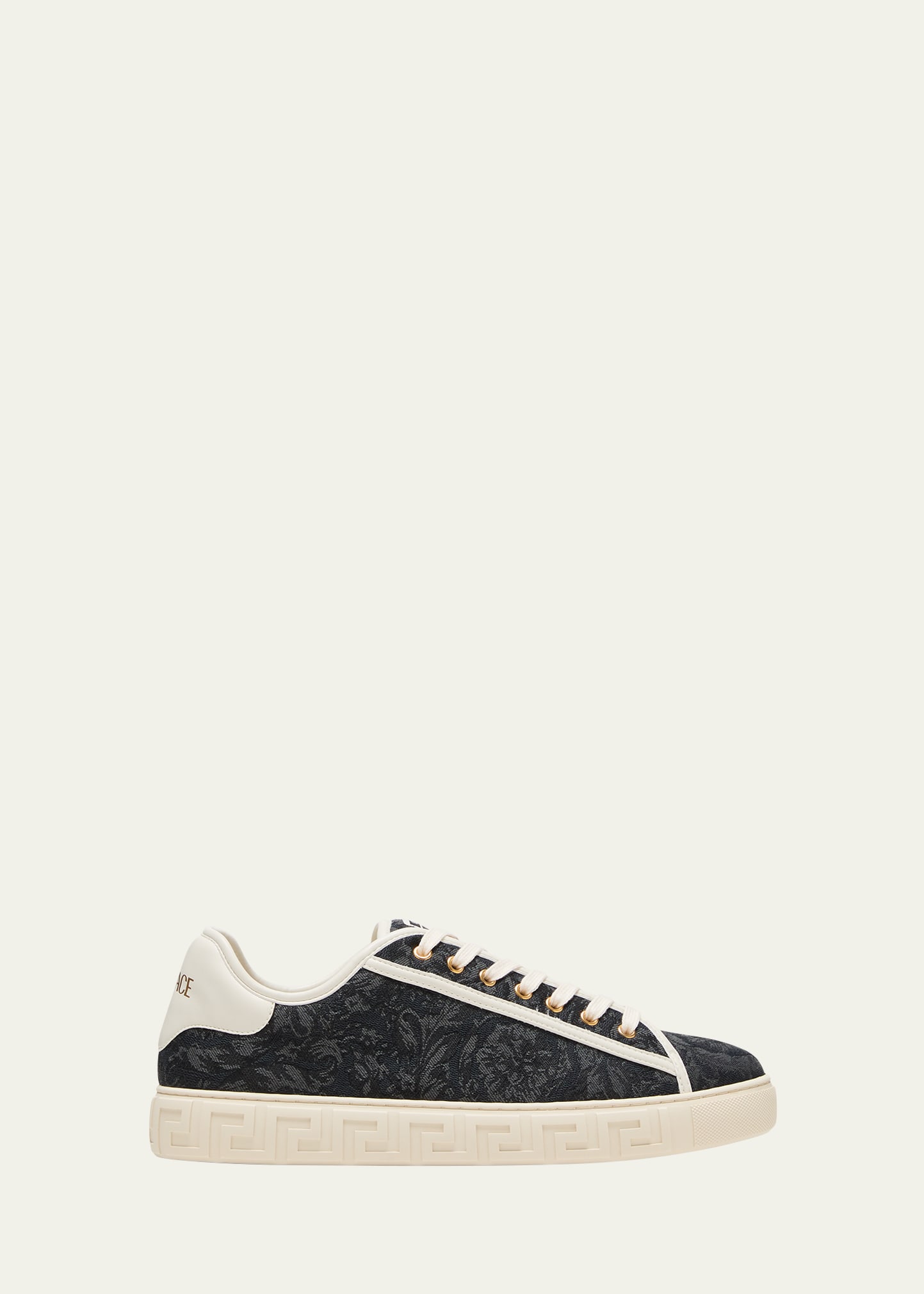 Versace Men's La Greca Baroque Canvas Low-top Sneakers In Black+off White