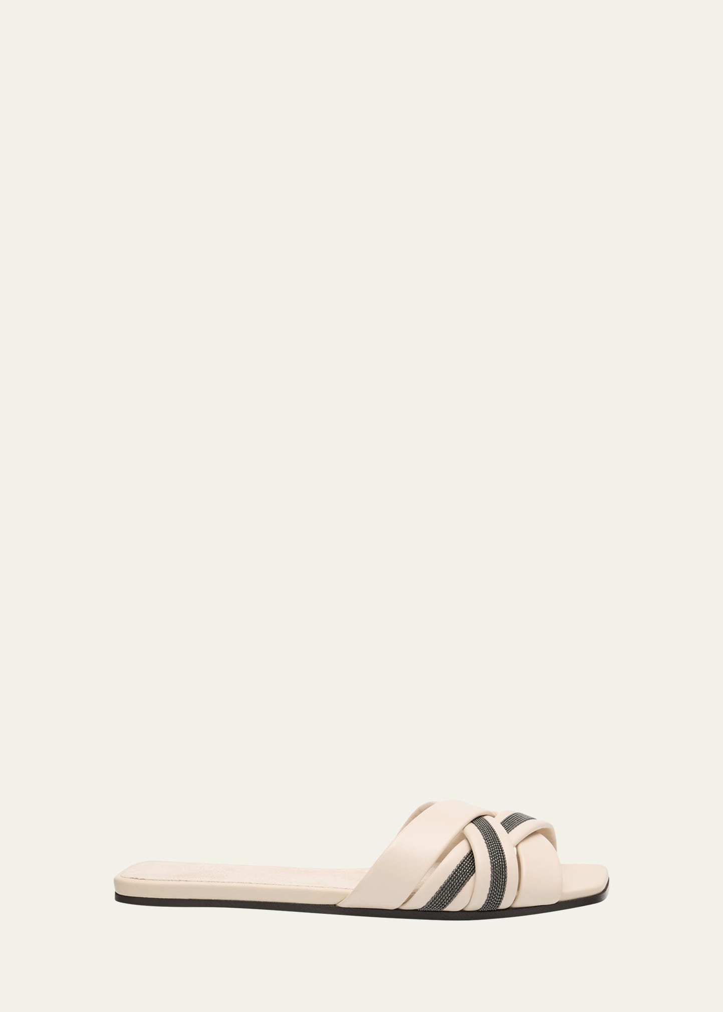 Brunello Cucinelli Leather Monili Flat Slide Sandals In Cqf25 Ivory