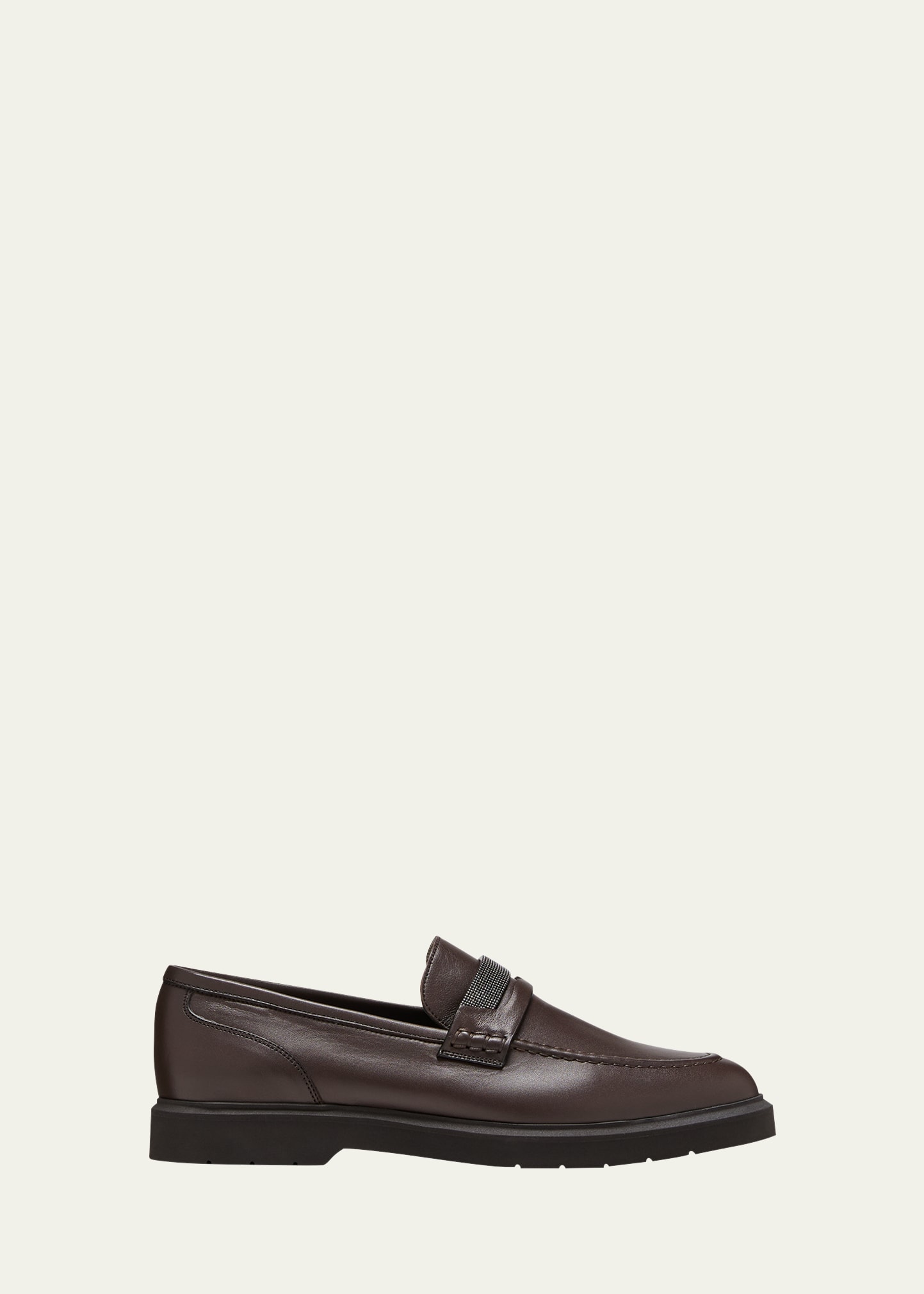 Brunello Cucinelli Leather Monili Penny Loafers In Brown