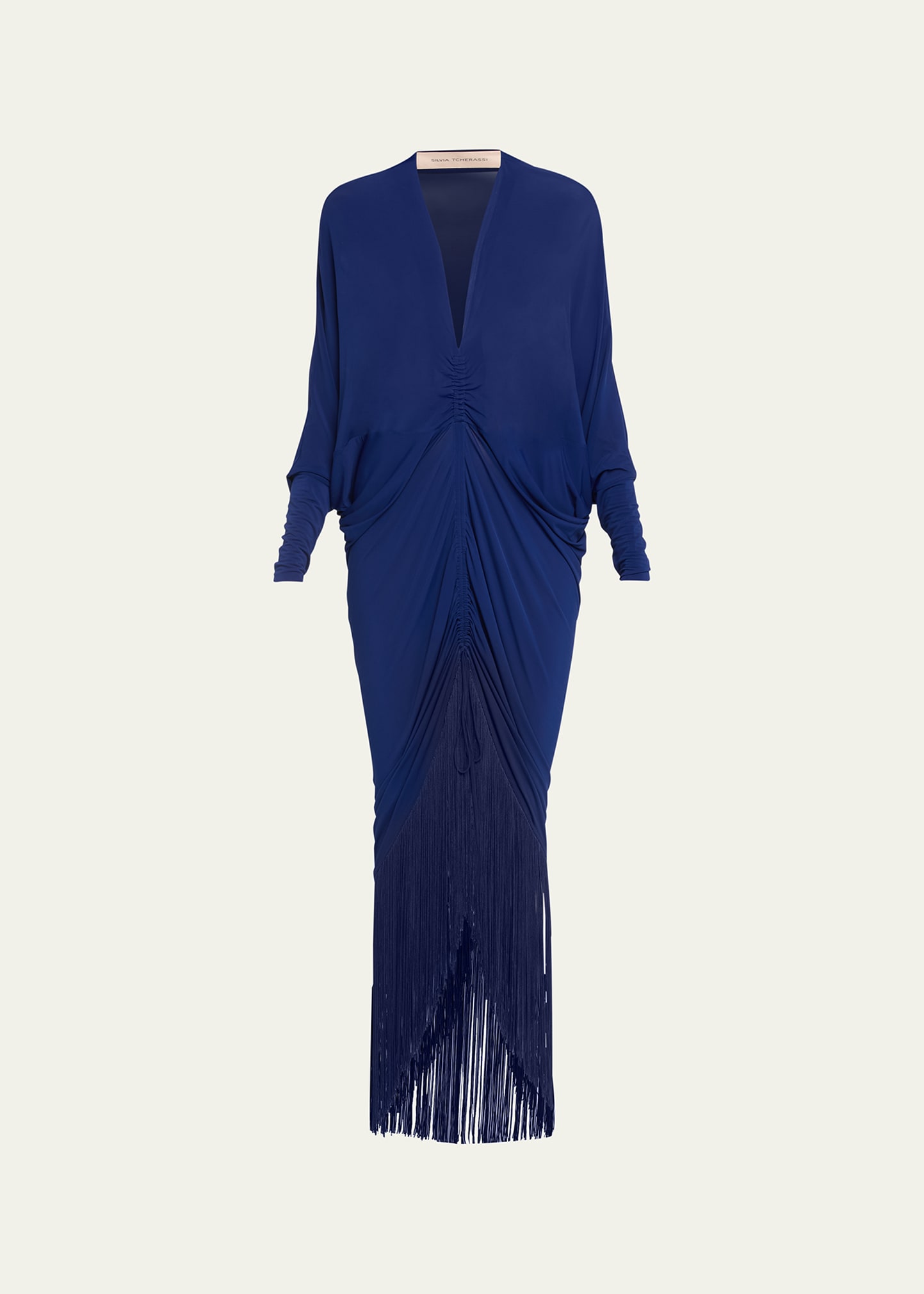 Silvia Tcherassi Rosalyn Ruched Maxi Dress With Fringe Trim In Navy