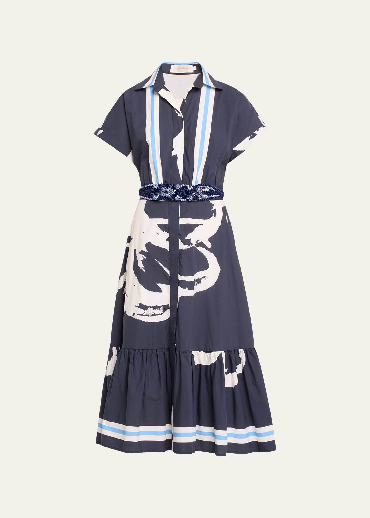 Shop Silvia Tcherassi Loni Abstract-print Belted Midi Shirtdress In Navy Stripes Bloo