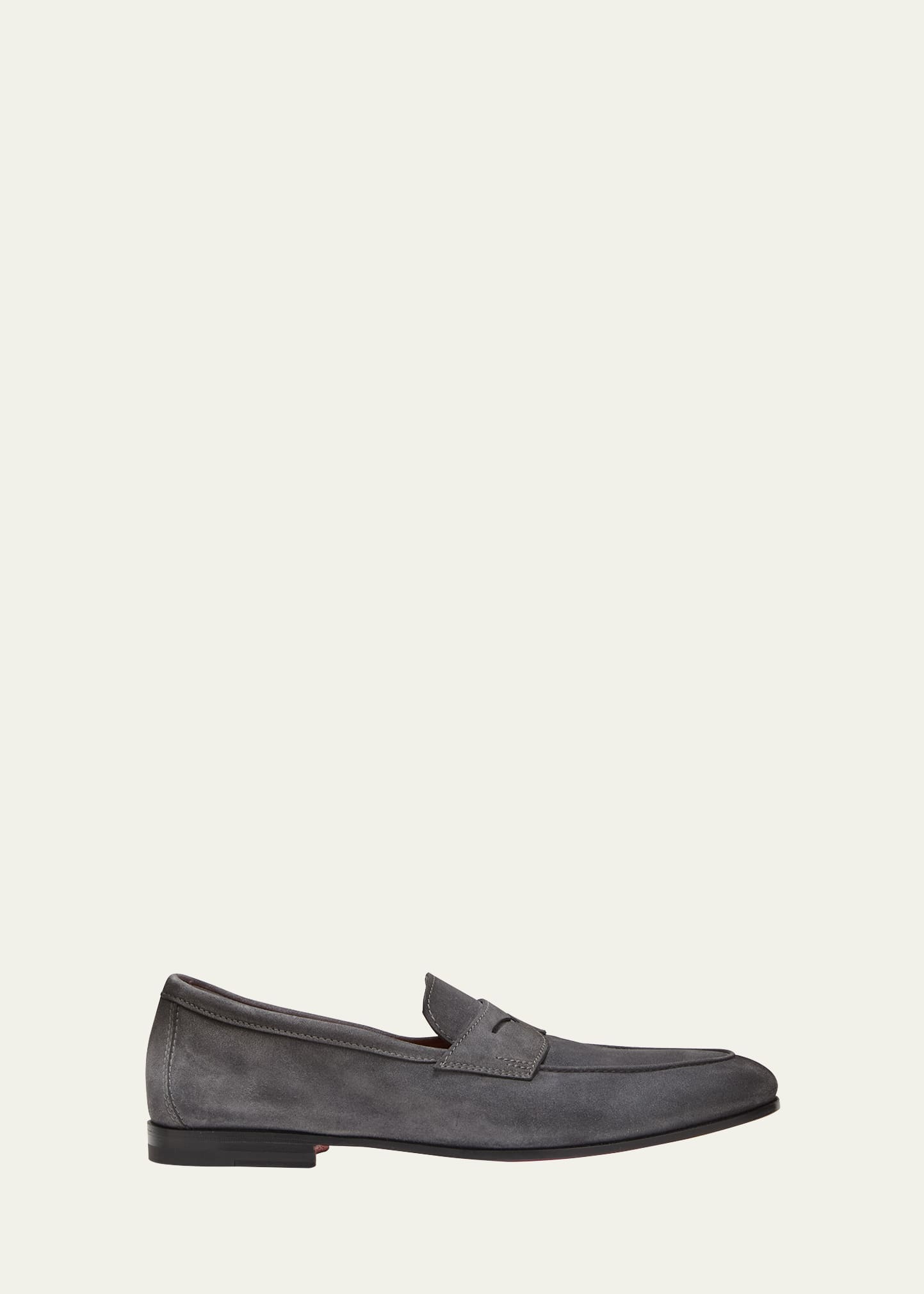Santoni Suede Carlos Penny Loafers In Dark Grey
