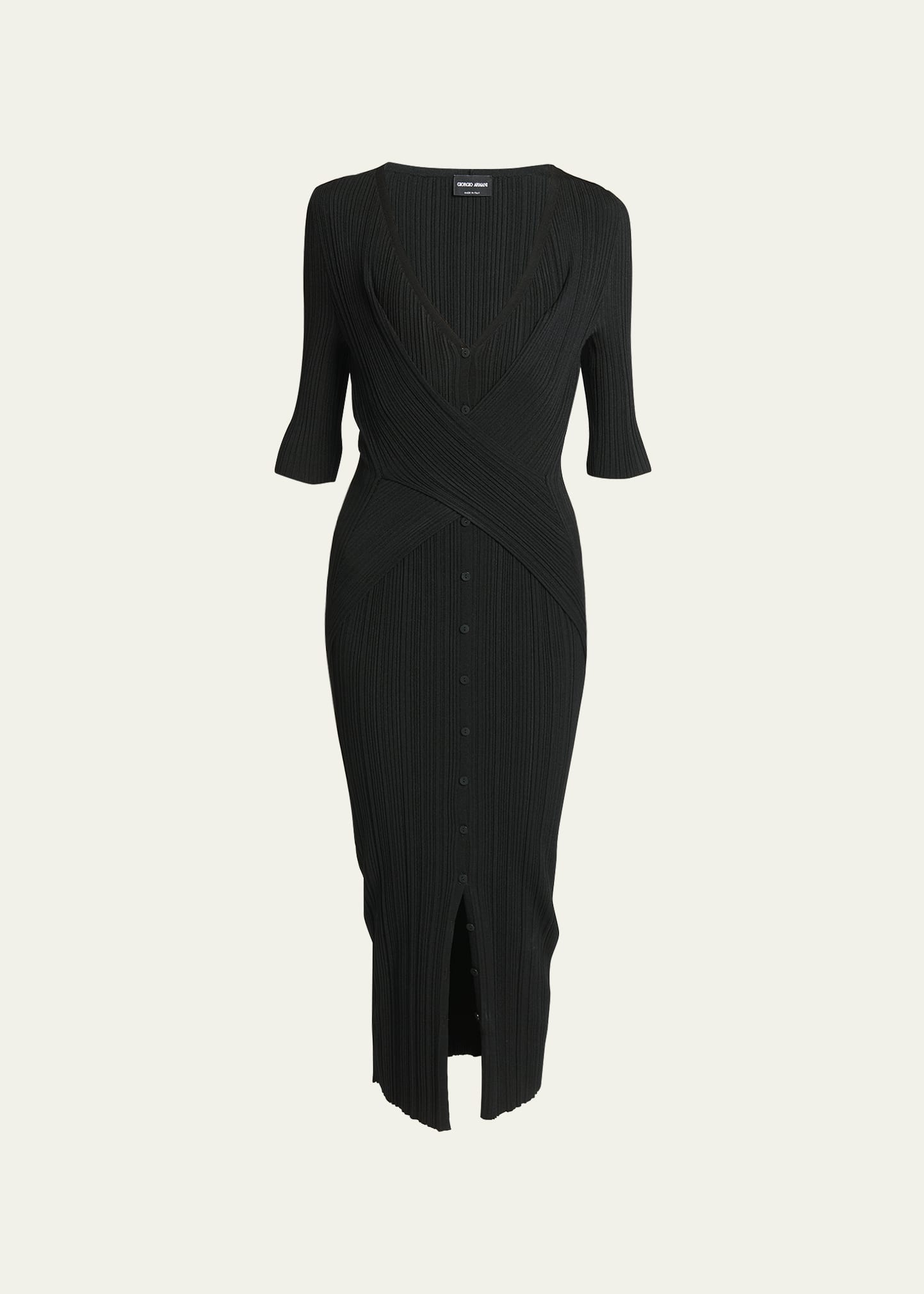 Shop Giorgio Armani Button Front Ribbed Body-con Midi Dress In Solid Black