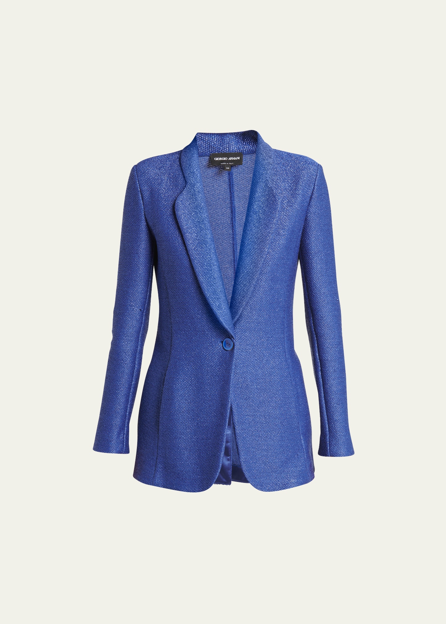 Shop Giorgio Armani One-button Jersey Raffia Blazer In Solid Medium Blue