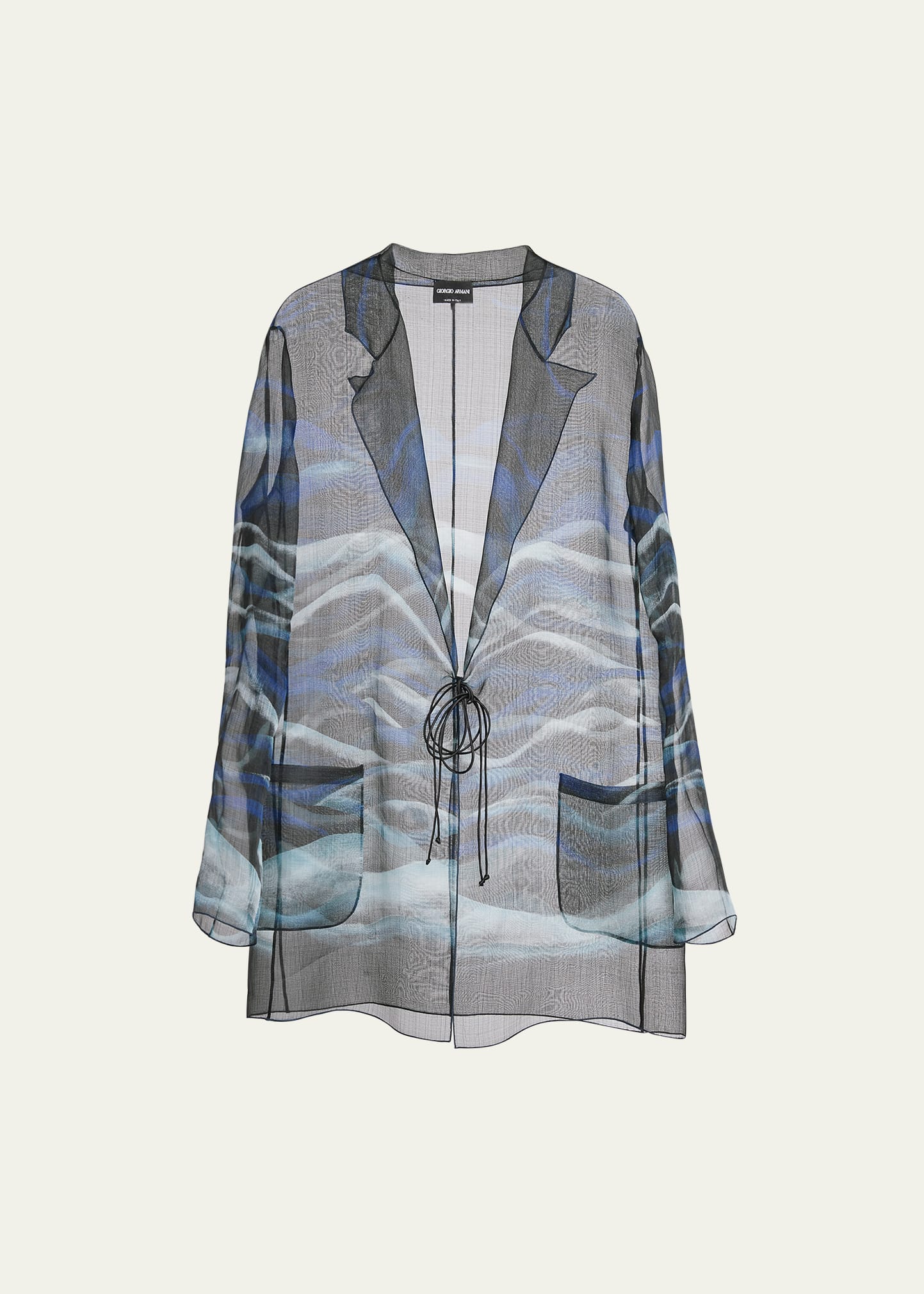 Shop Giorgio Armani Night Water Print Self-tie Silk Blouse Jacket In Solid Black