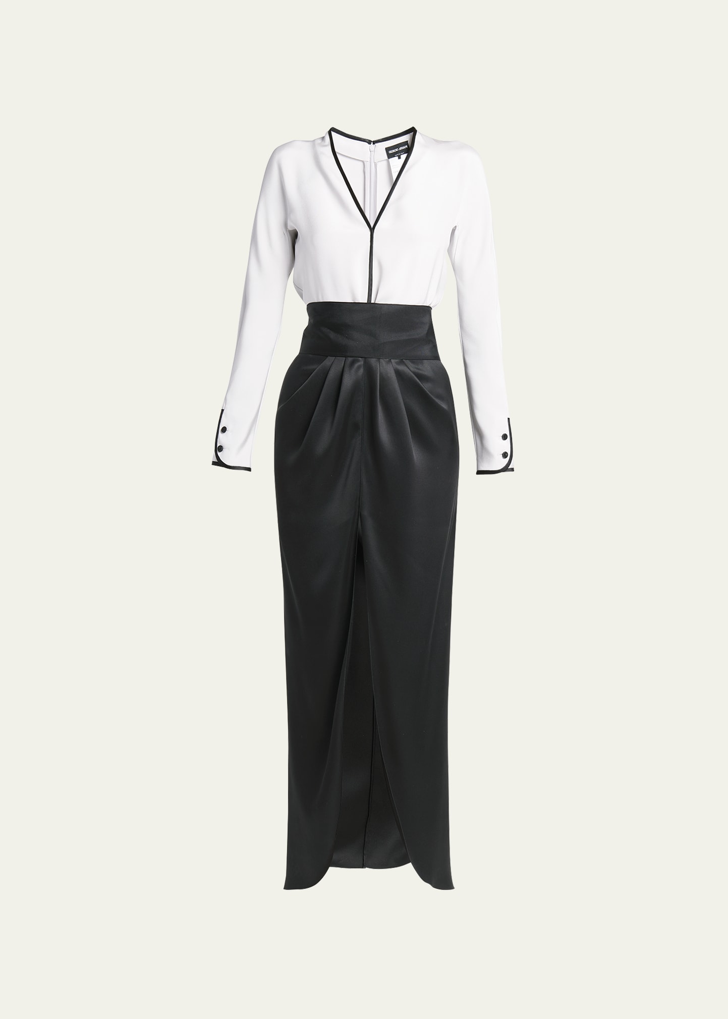Giorgio Armani Bicolor Tuxedo Silk Column Gown With Sash In Black Multi