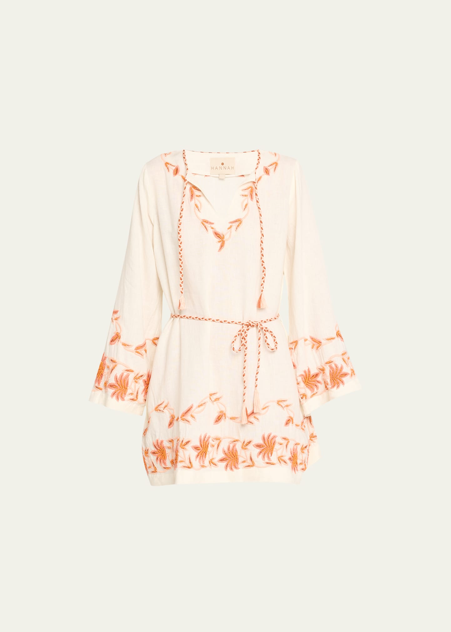 Hannah Artwear Anyella Tassel-tie Embroidered Linen Mini Dress In Coral