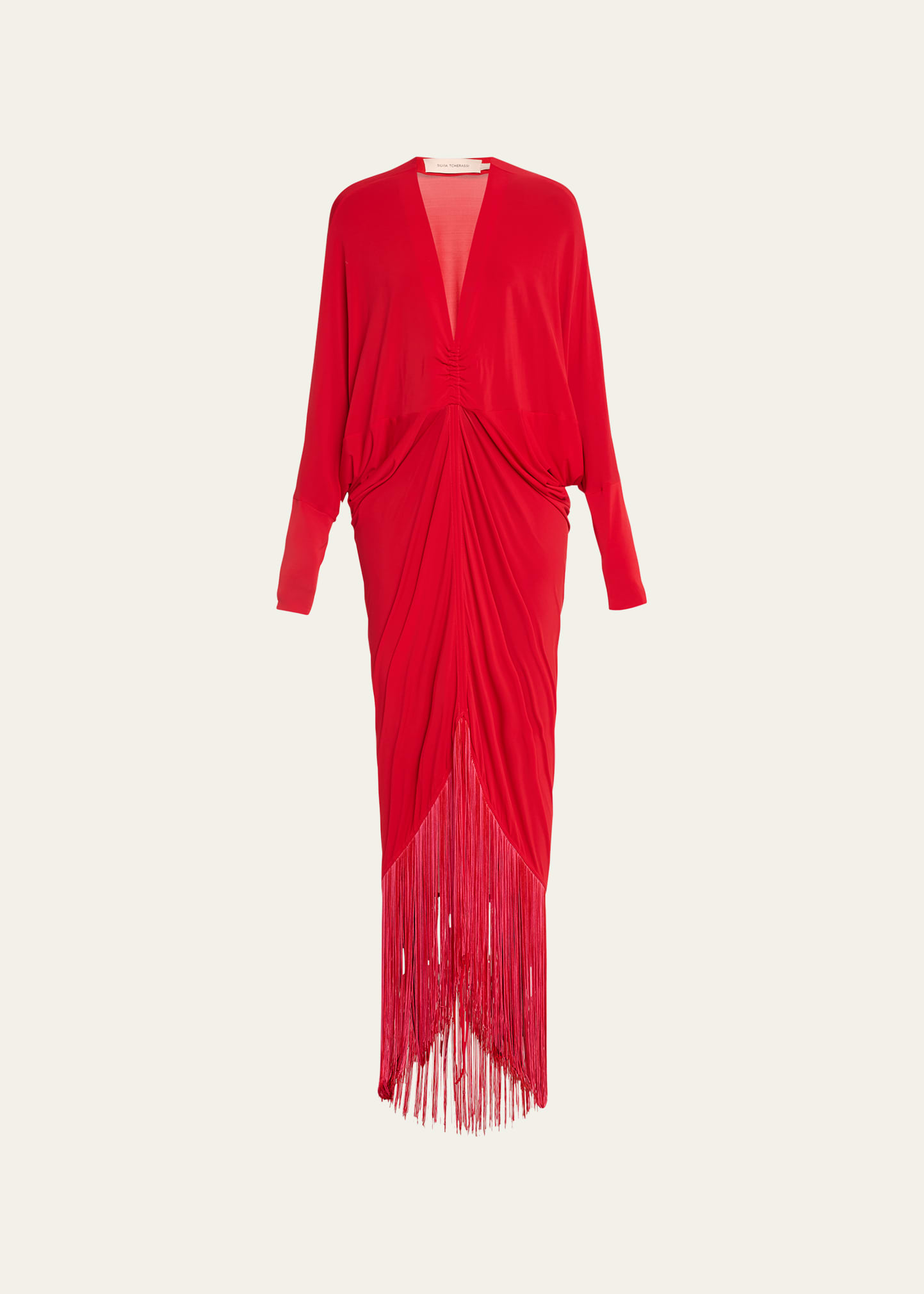 Shop Silvia Tcherassi Rosalyn Fringe Draped Maxi Dress In Rouge