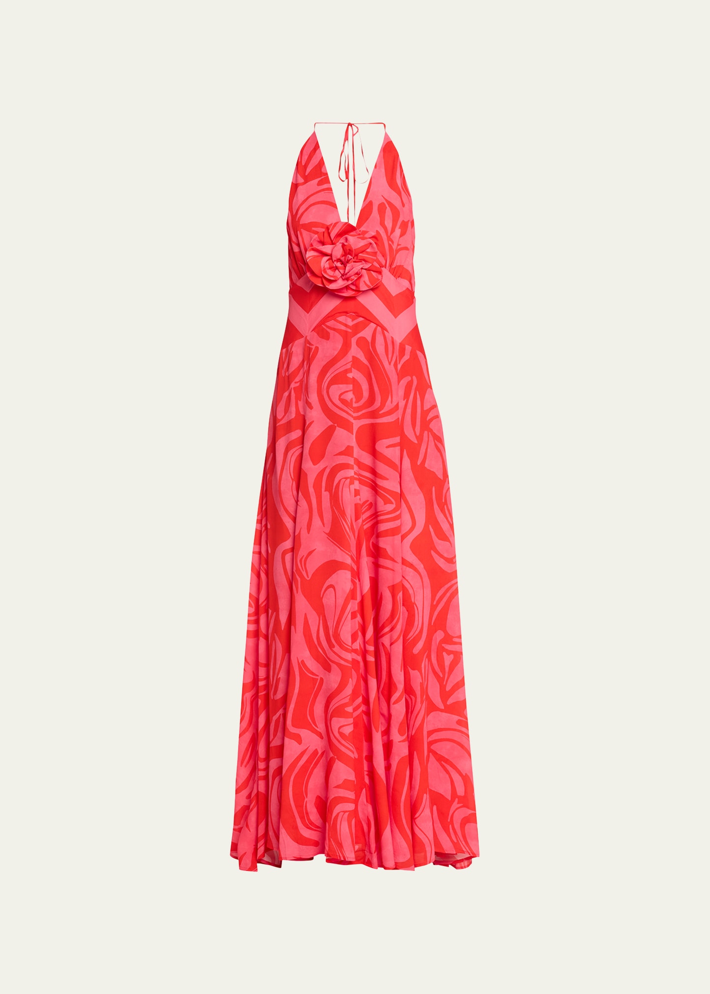 Shop Silvia Tcherassi Tawny Abstract-print Rosette Halter Maxi Dress In Pink Red Marble