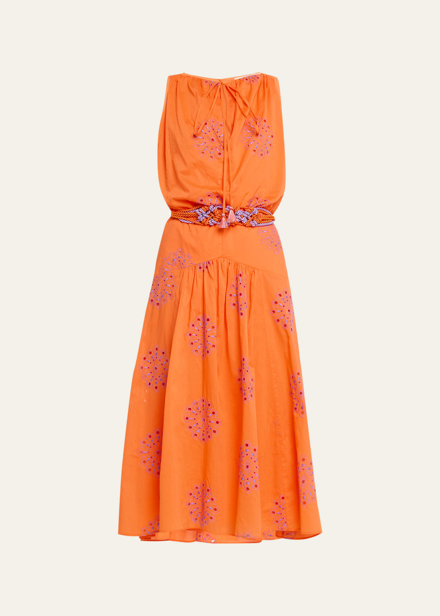 Silvia Tcherassi Daila Broderie Anglaise Flared Midi Dress In Orange Lilac Embr