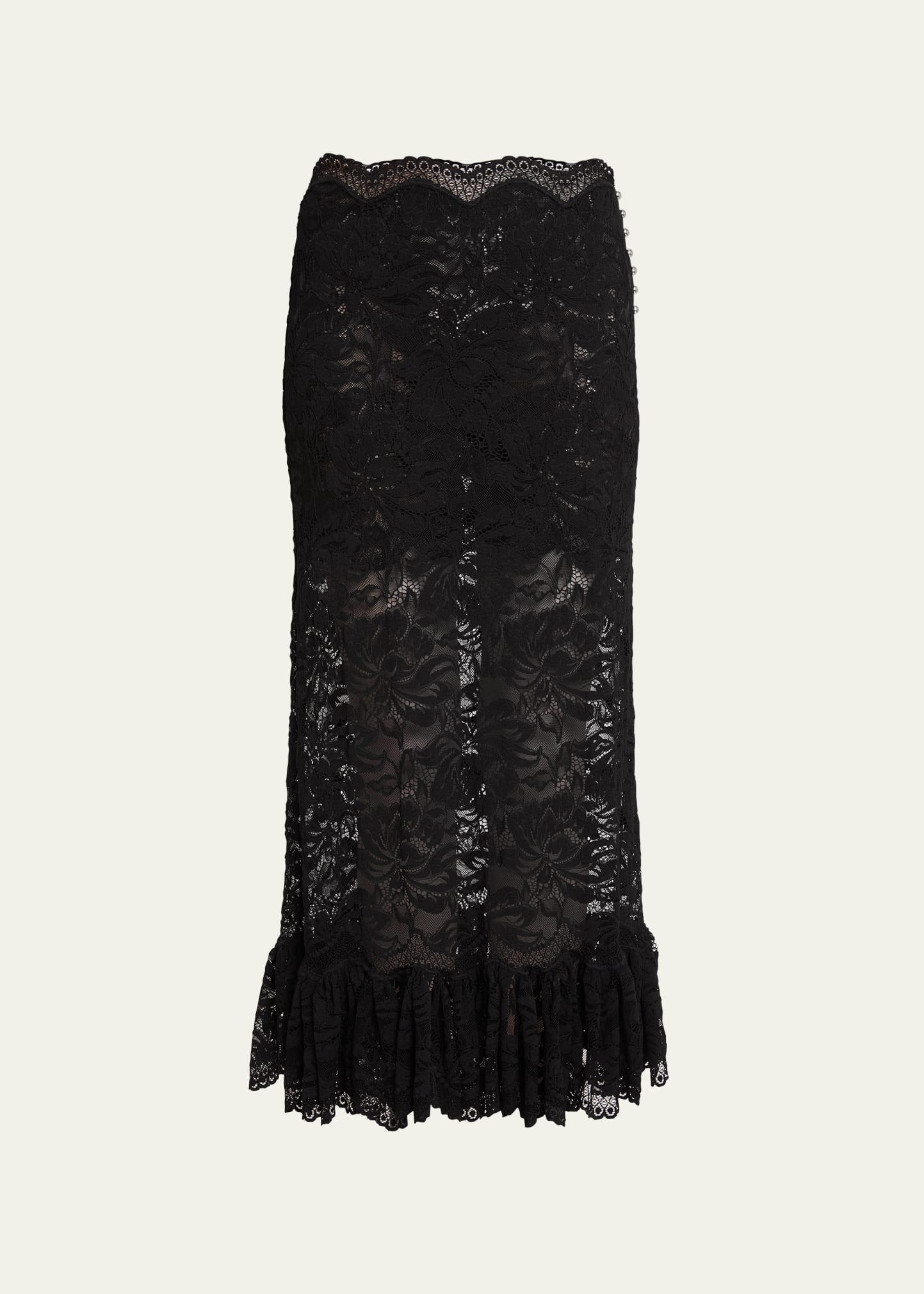 Shop Rabanne Floral Lace Ruffle-hem Midi Skirt In Black