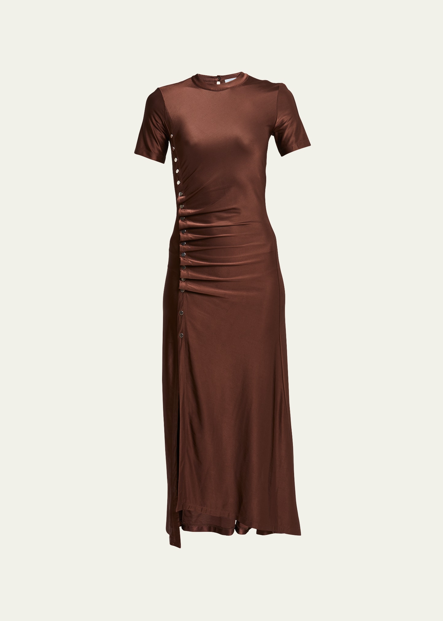 Shop Rabanne Buttoned Ruched Waist Dress In Chocolat