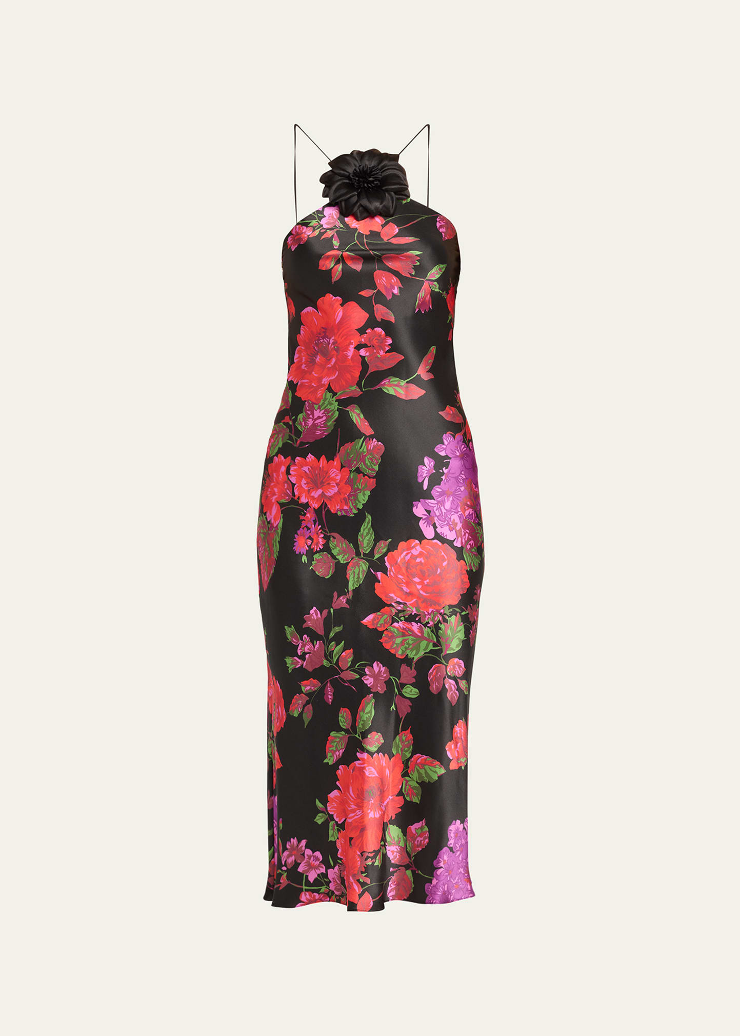 Rodarte Floral Printed Silk Bias Midi Dress With Neck Flower In Black