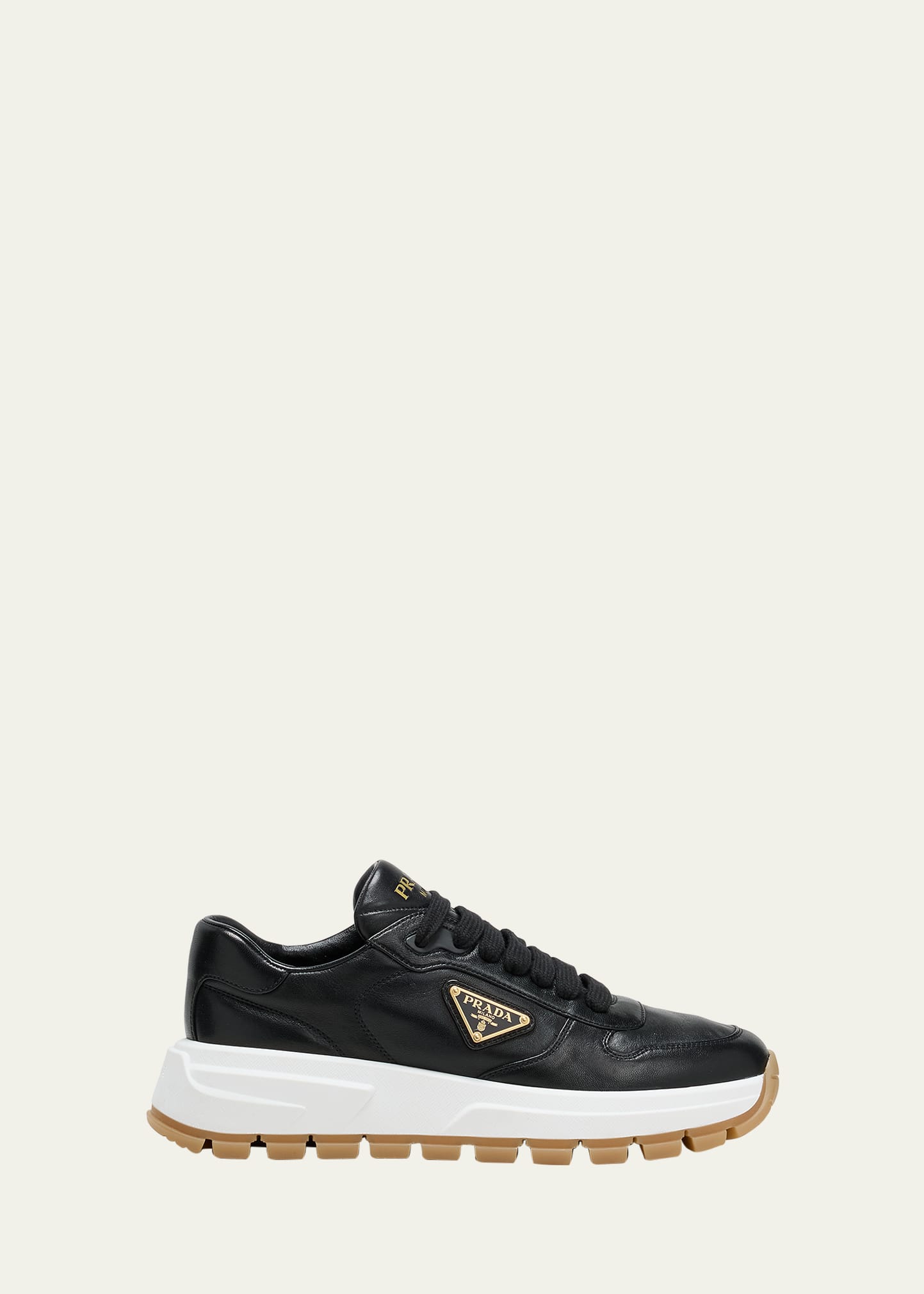 Shop Prada Leather Logo Runner Sneakers In Nero