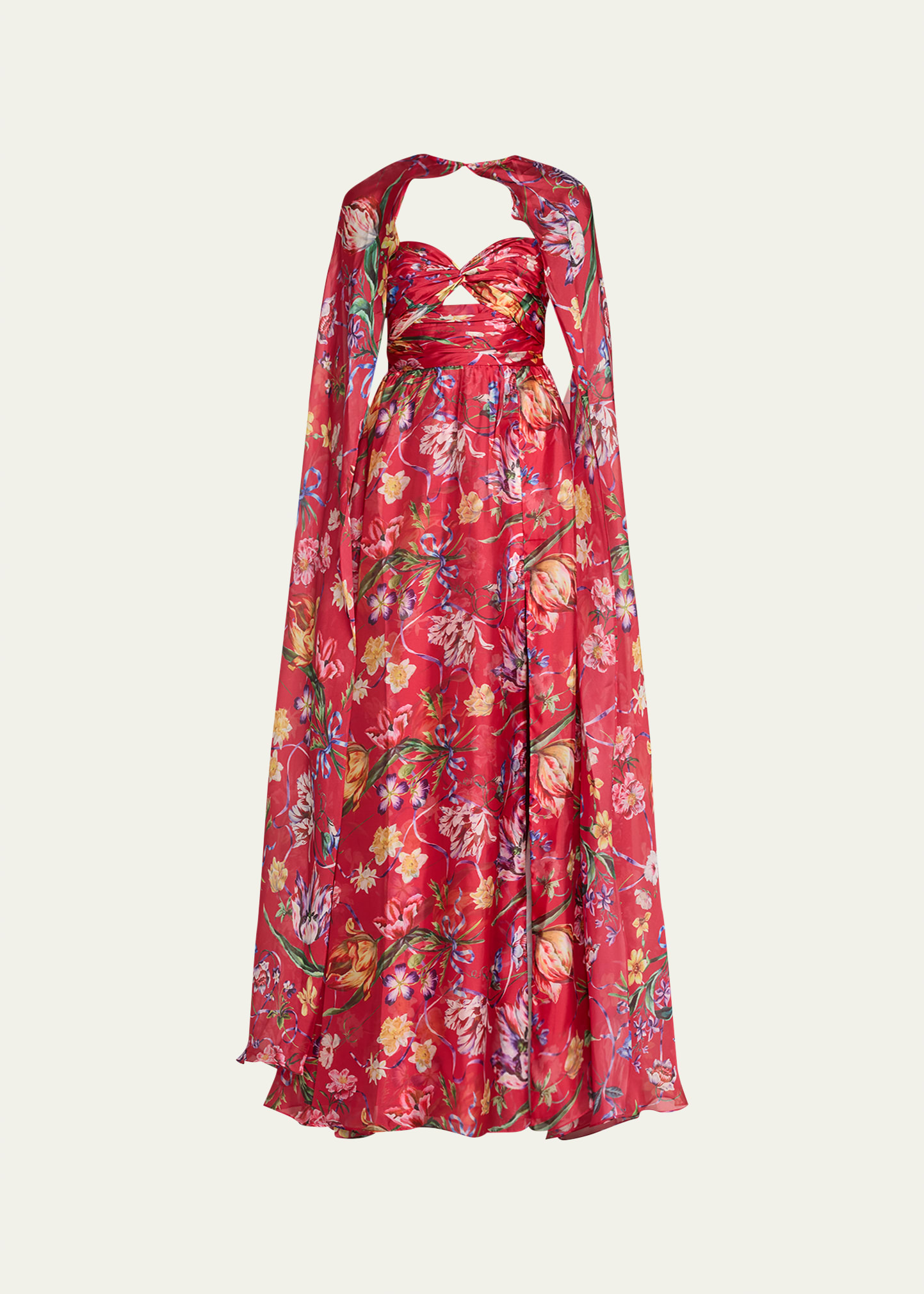Cutout Floral-Print Sweetheart Cape Gown