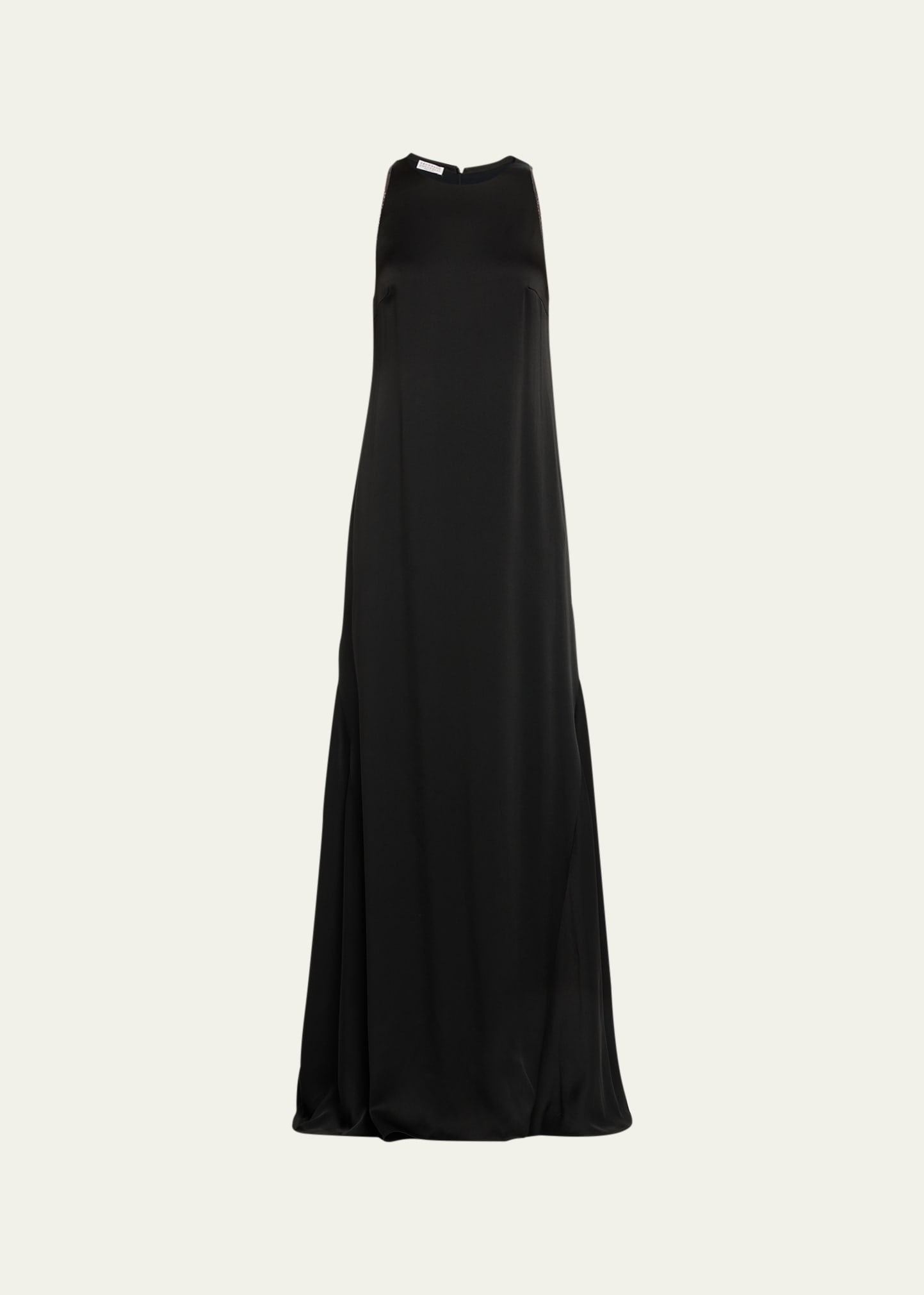 Brunello Cucinelli Satin Sleeveless Column Gown With Monili Detail In C101 Black