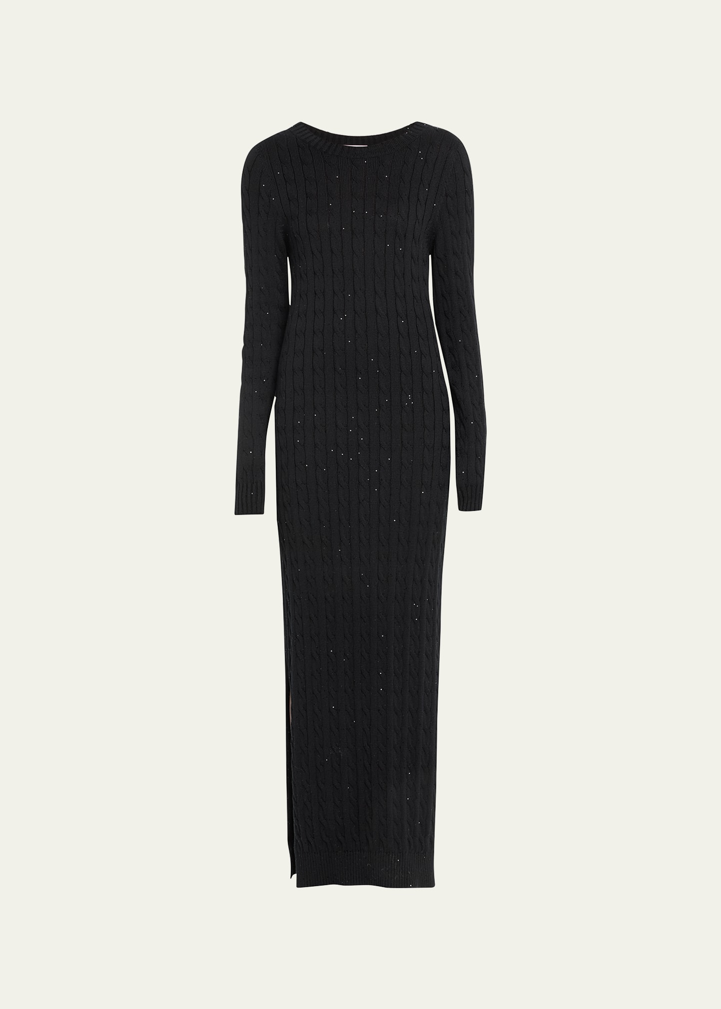 Brunello Cucinelli Paillette Cotton Cable-knit Long-sleeve Slits Sweater Gown In C101 Black