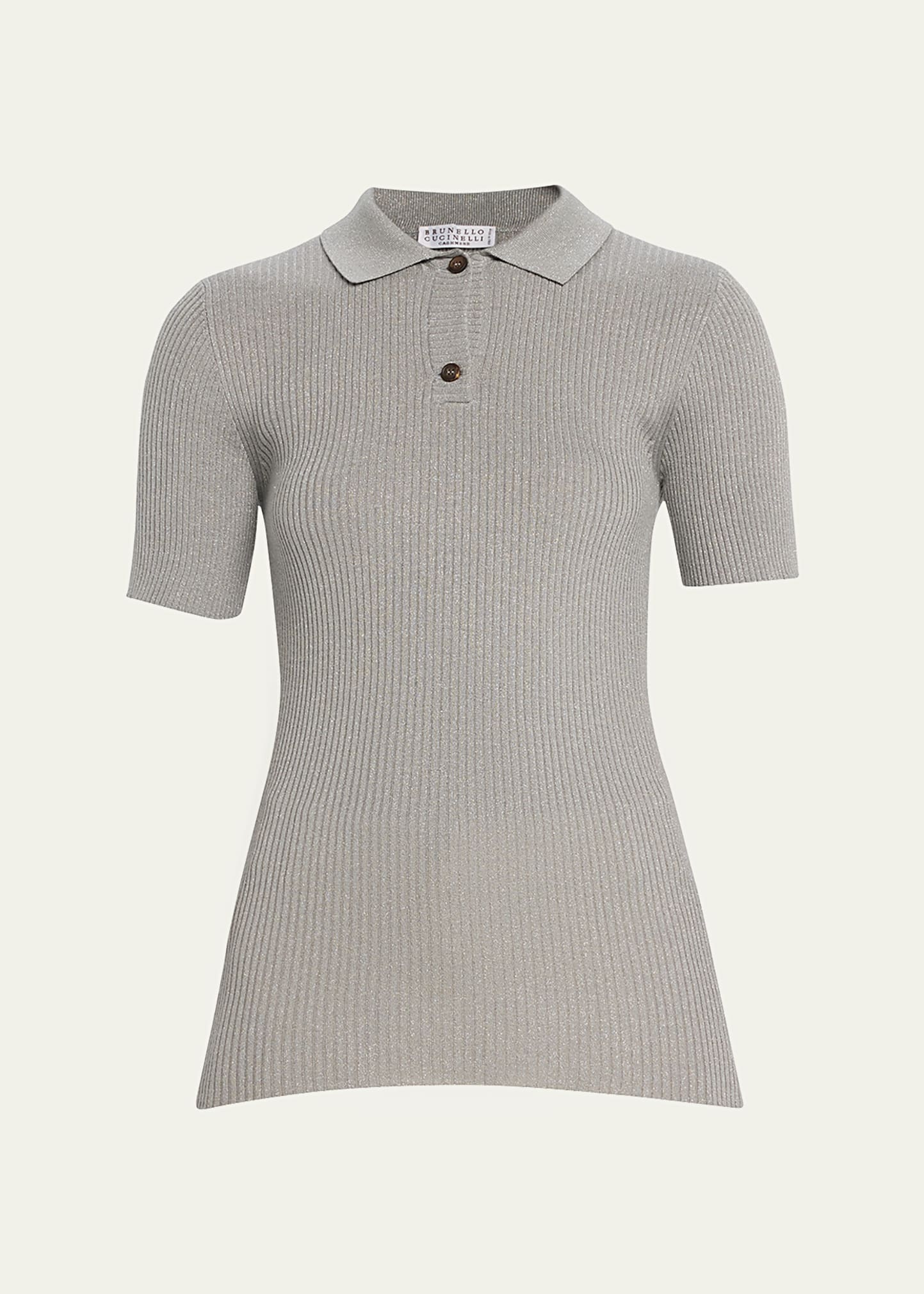 Brunello Cucinelli Metallic Rib Knit Short-sleeve Polo Sweater In C8943 Medium Grey