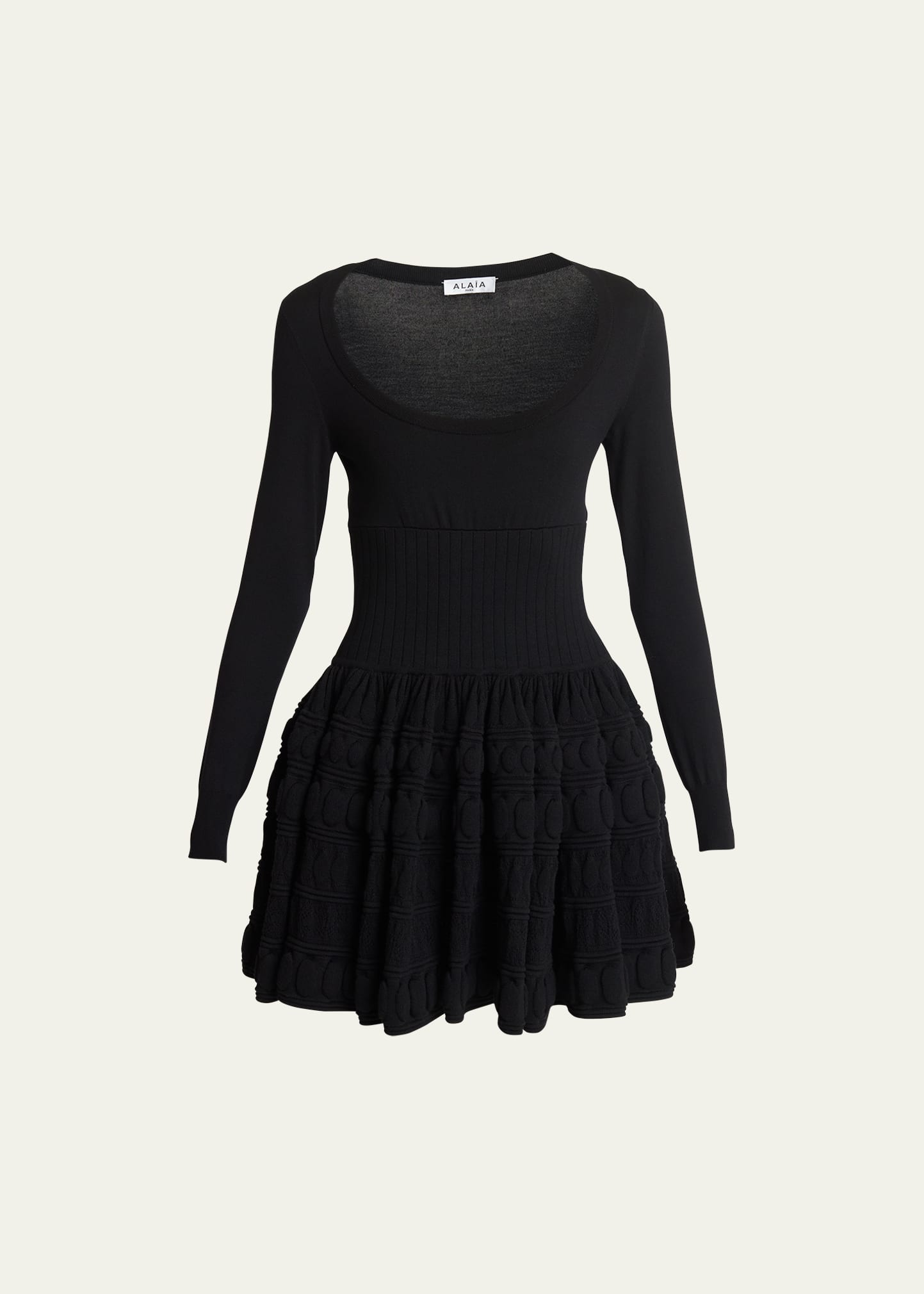 Alaïa Scoop-neck Wool Skater Mini Dress With 3-d Detail In Noir Alaia