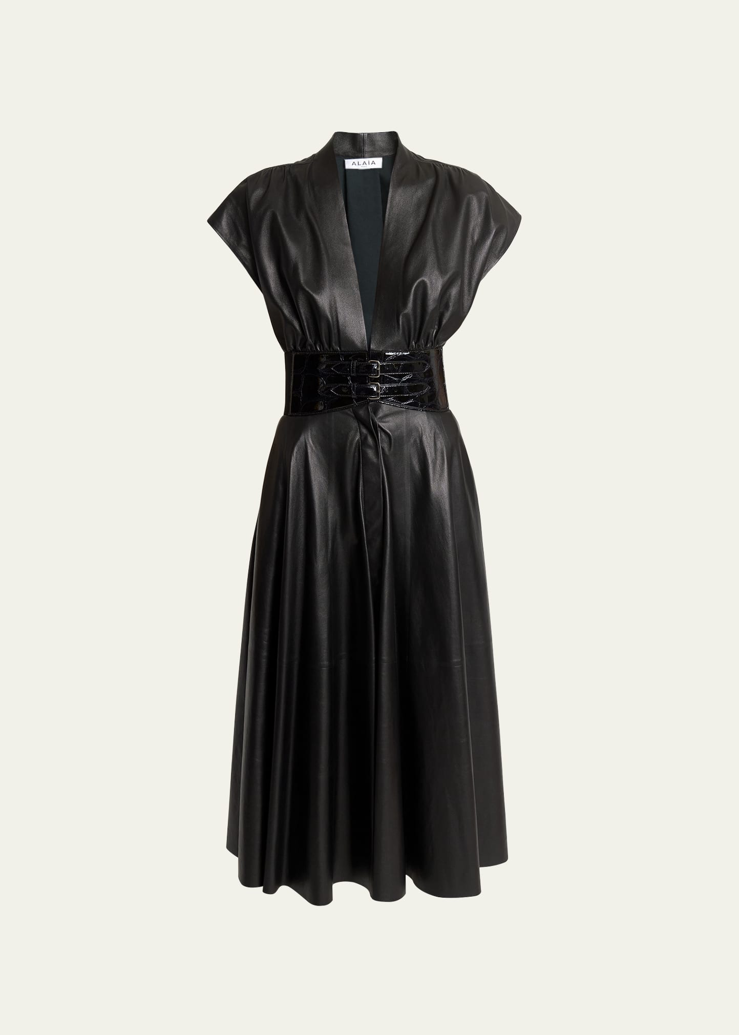 Leather Belted V-Neck Flared Midi Dress